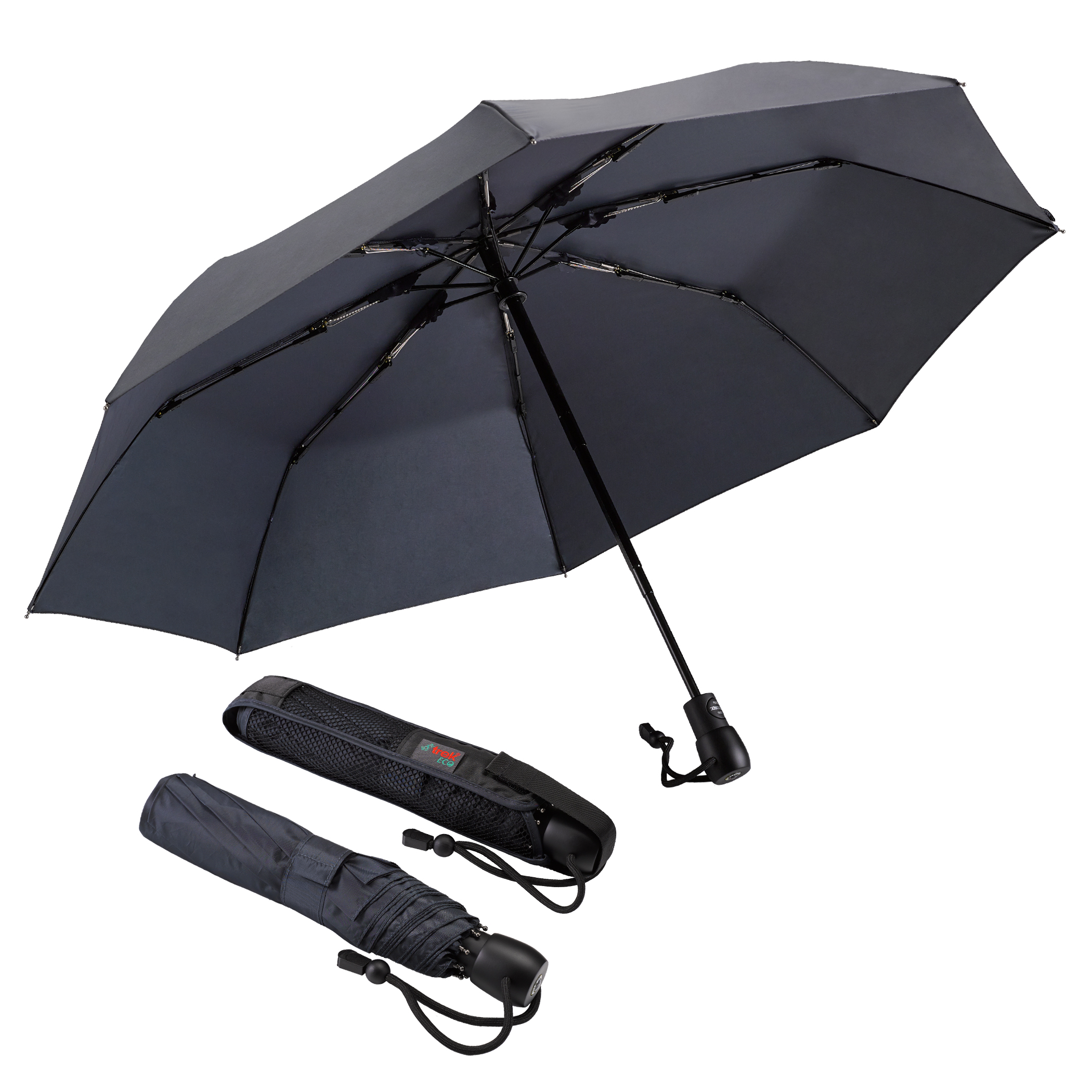 Parapluie de trekking light trek ECO, anthracite, parapluie de poche, poignée en bois, automatique, durable
