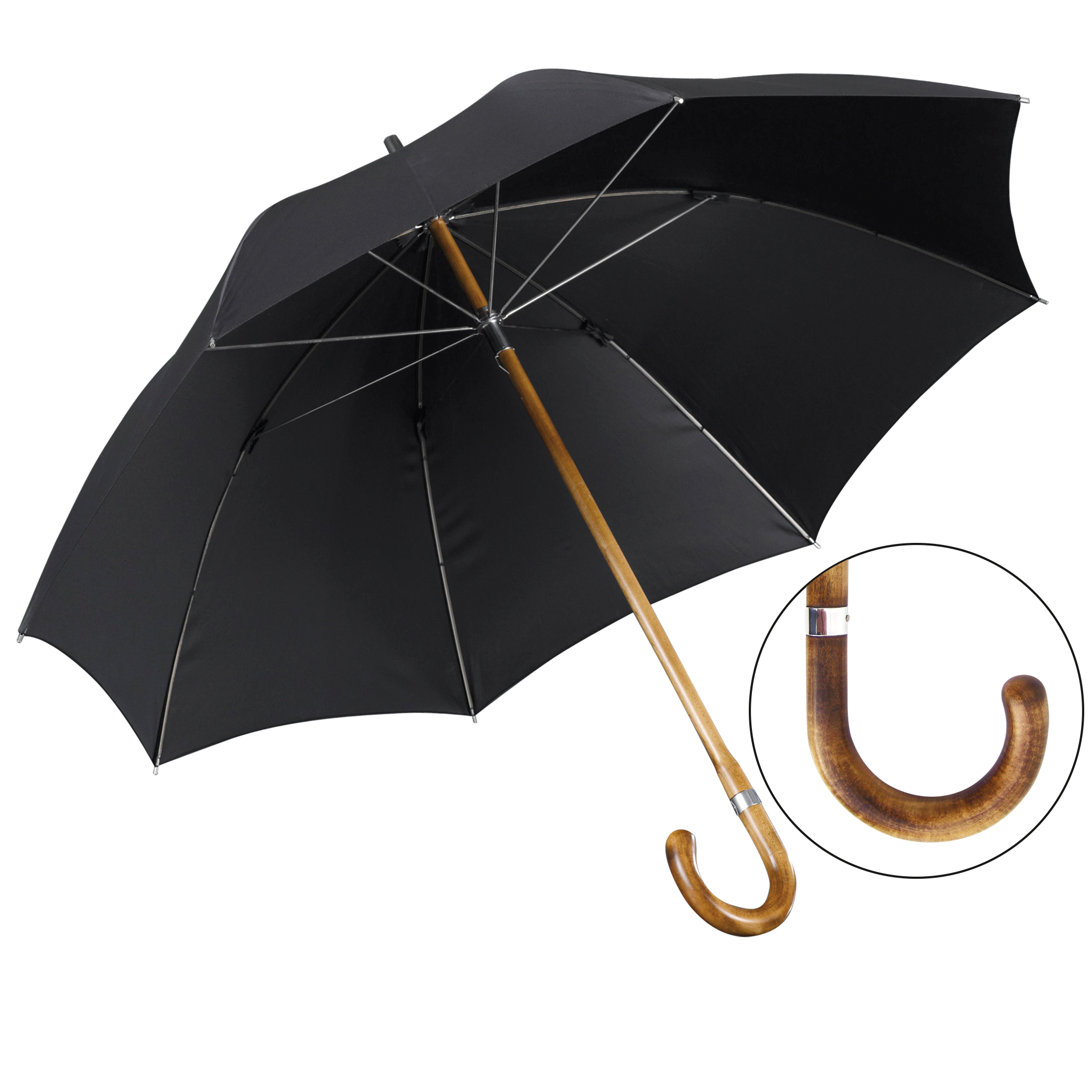 Parapluie de luxe Brillant HH63, poignée en bois d'érable, tige en érable, polyester noble noir