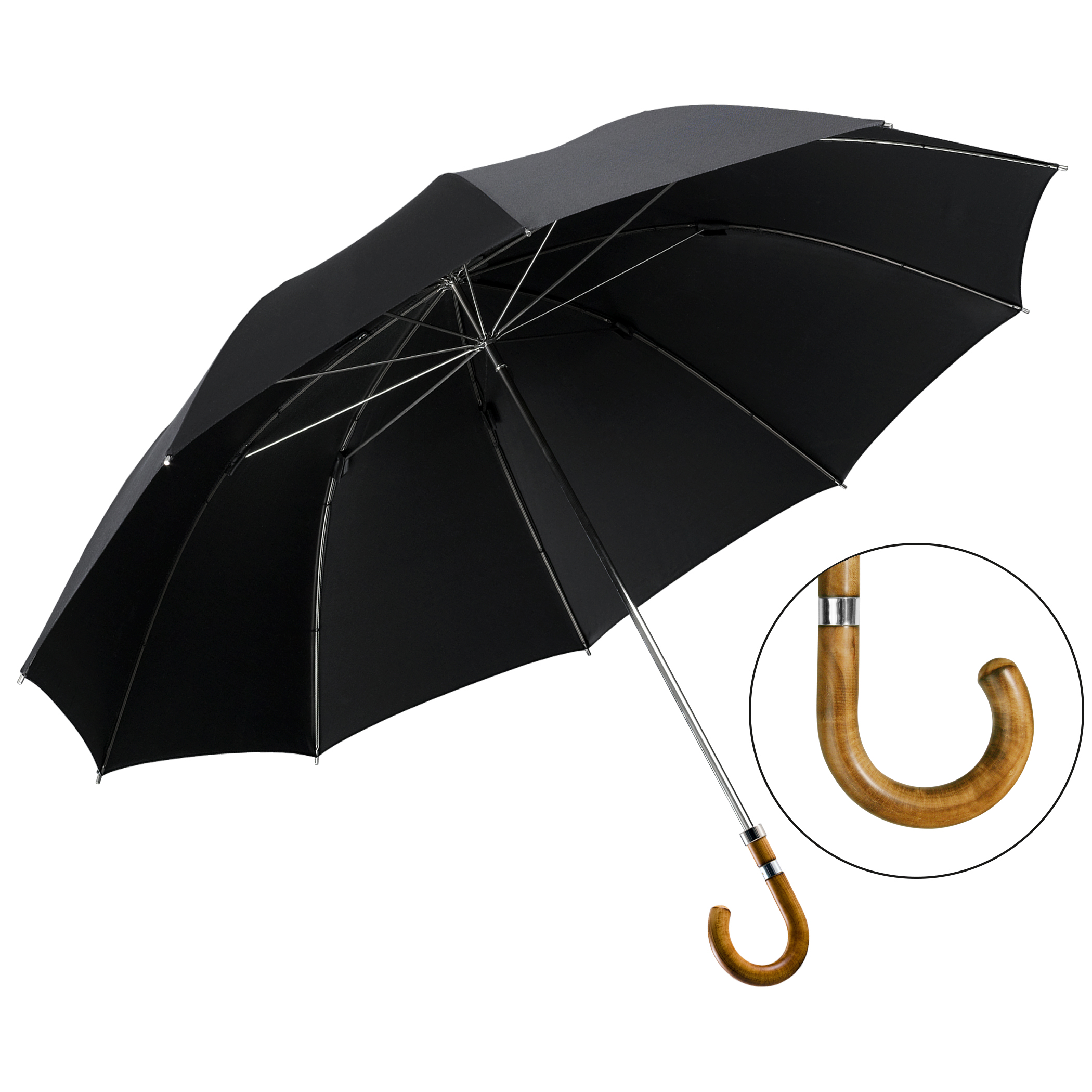 Parapluie de luxe Brillant HM89, poignée en bois d'érable, polyester noble noir