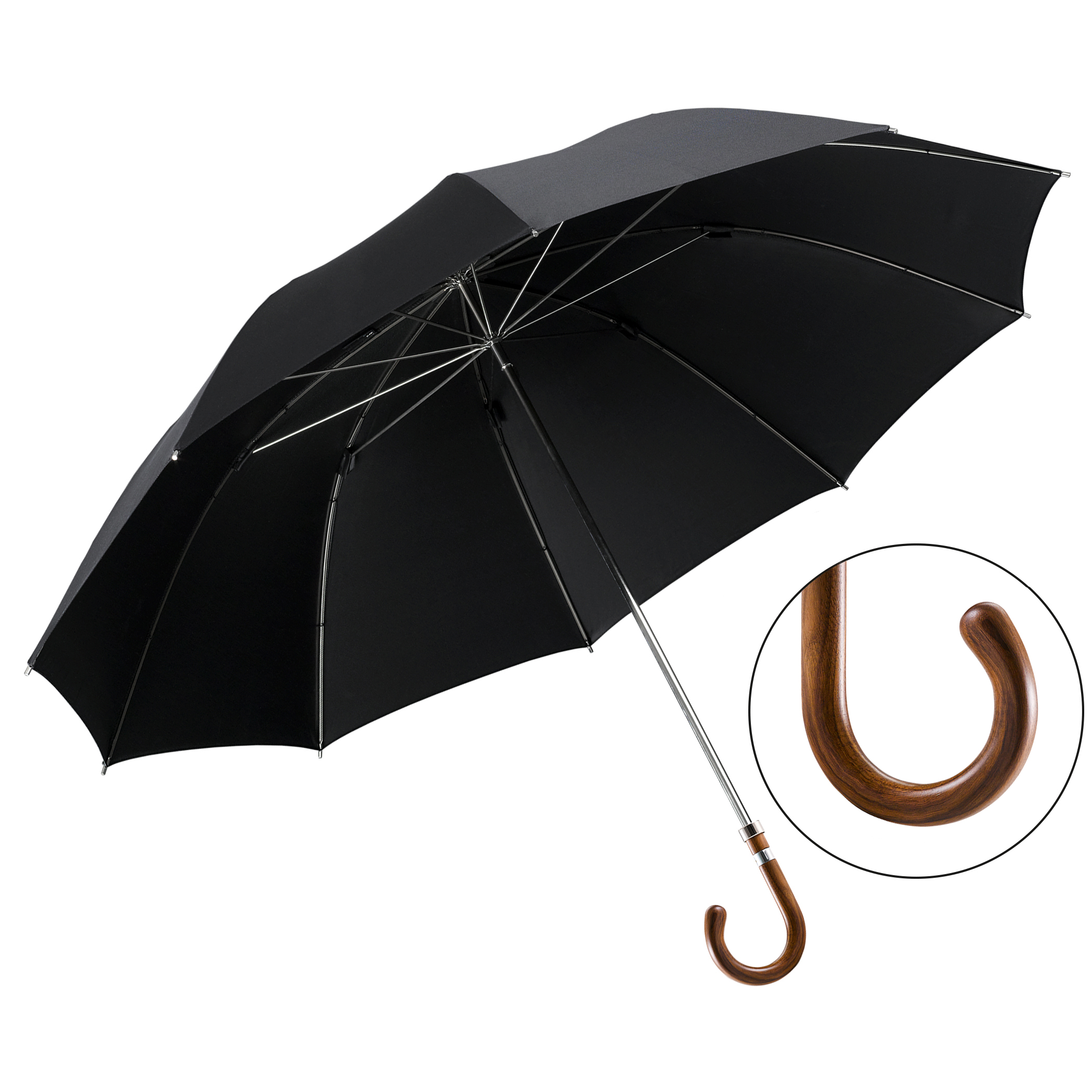 Parapluie de luxe Brillant HM90, poignée en bois de noyer américain, polyester noble noir