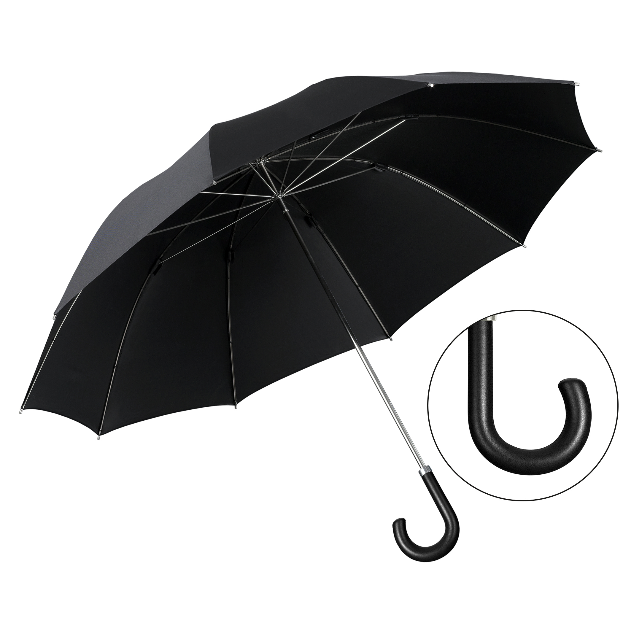 Parapluie de luxe Brillant HM70, poignée en cour de boeuf noir, polyester noble noir
