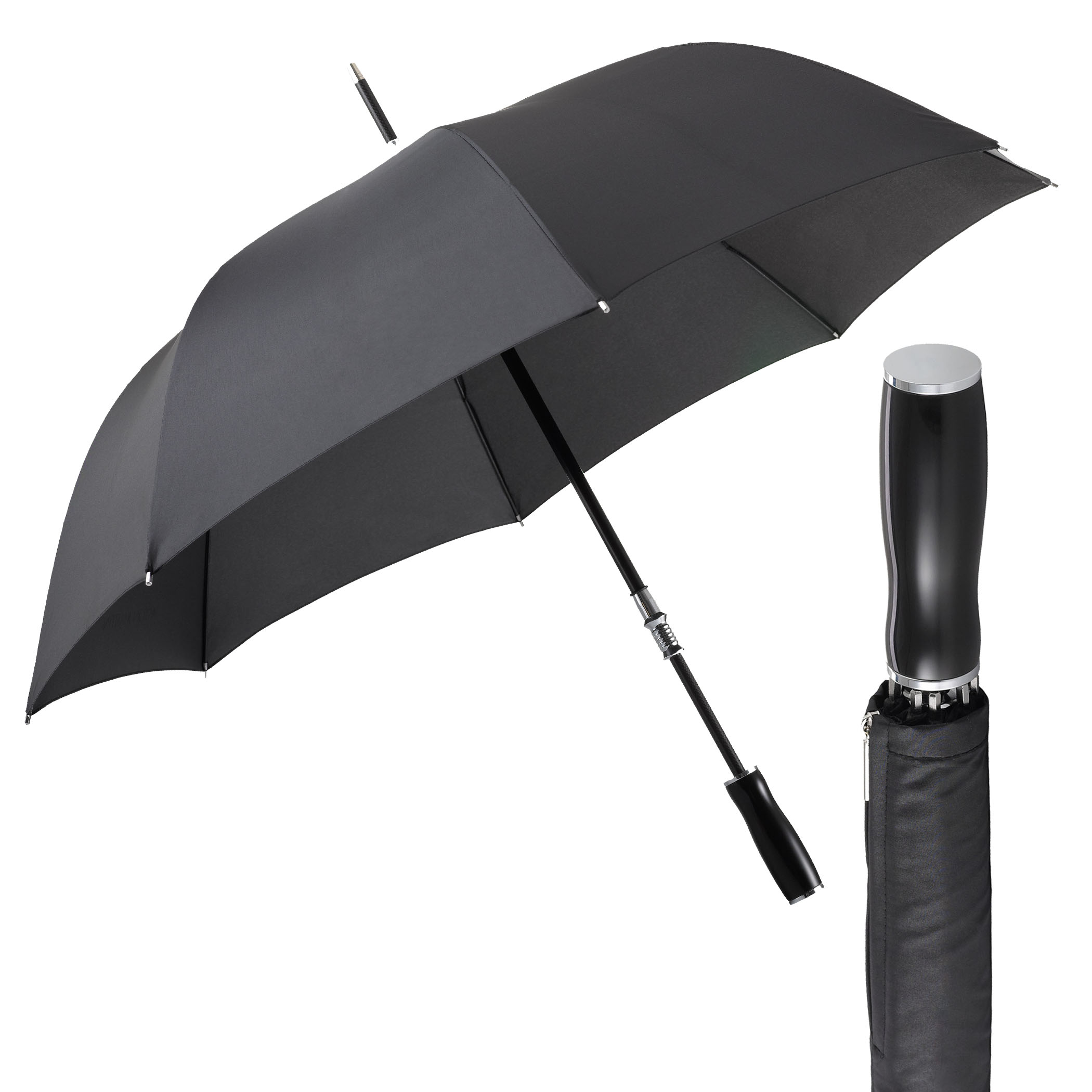 Parpluie de ville carbone W1EG, noir, parapluie canne, tige en carbone, avec emballage cadeau
