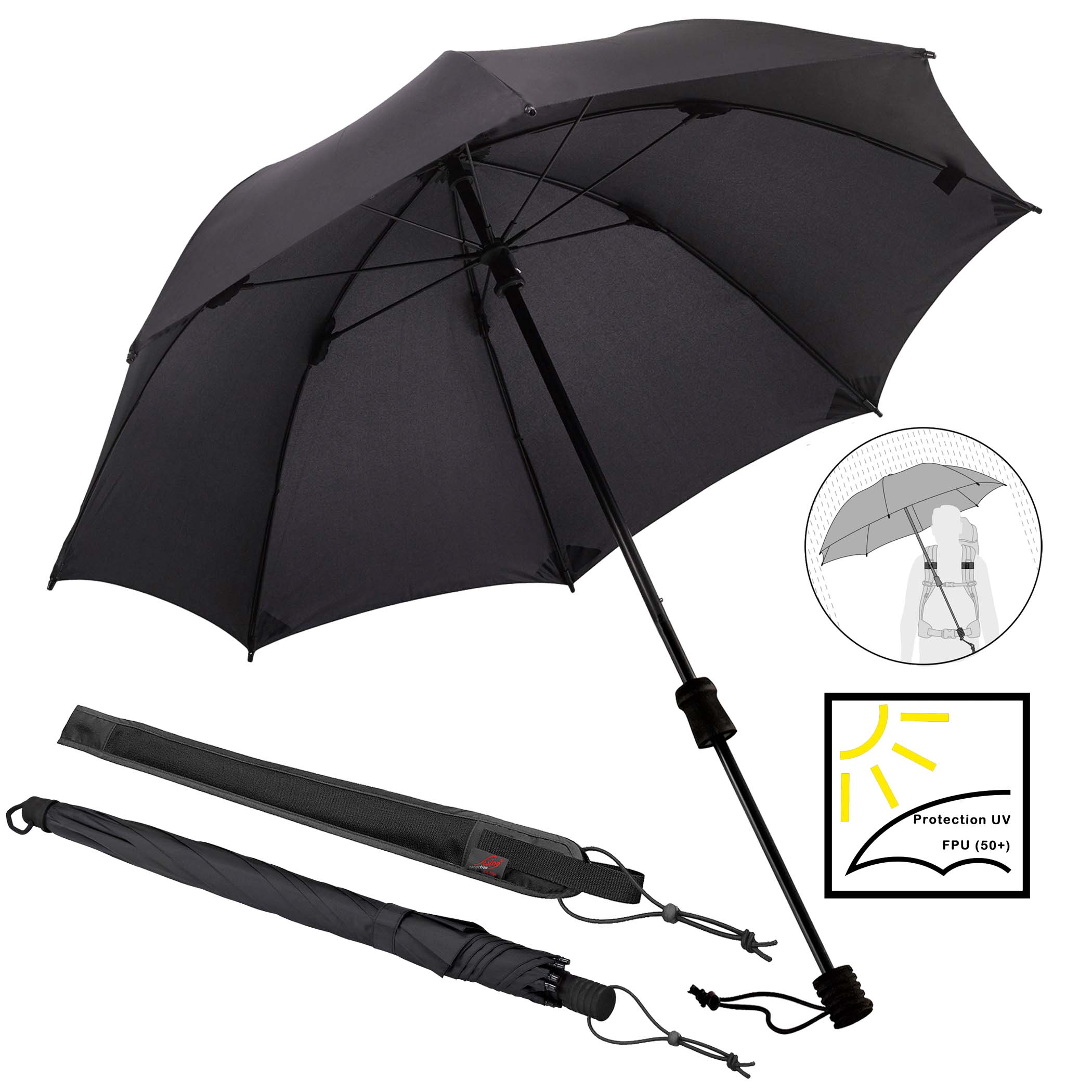 Parapluie de trekking Swing handsfree ultra, noir, parapluie canne,  portable mains libres, protection UV 50+