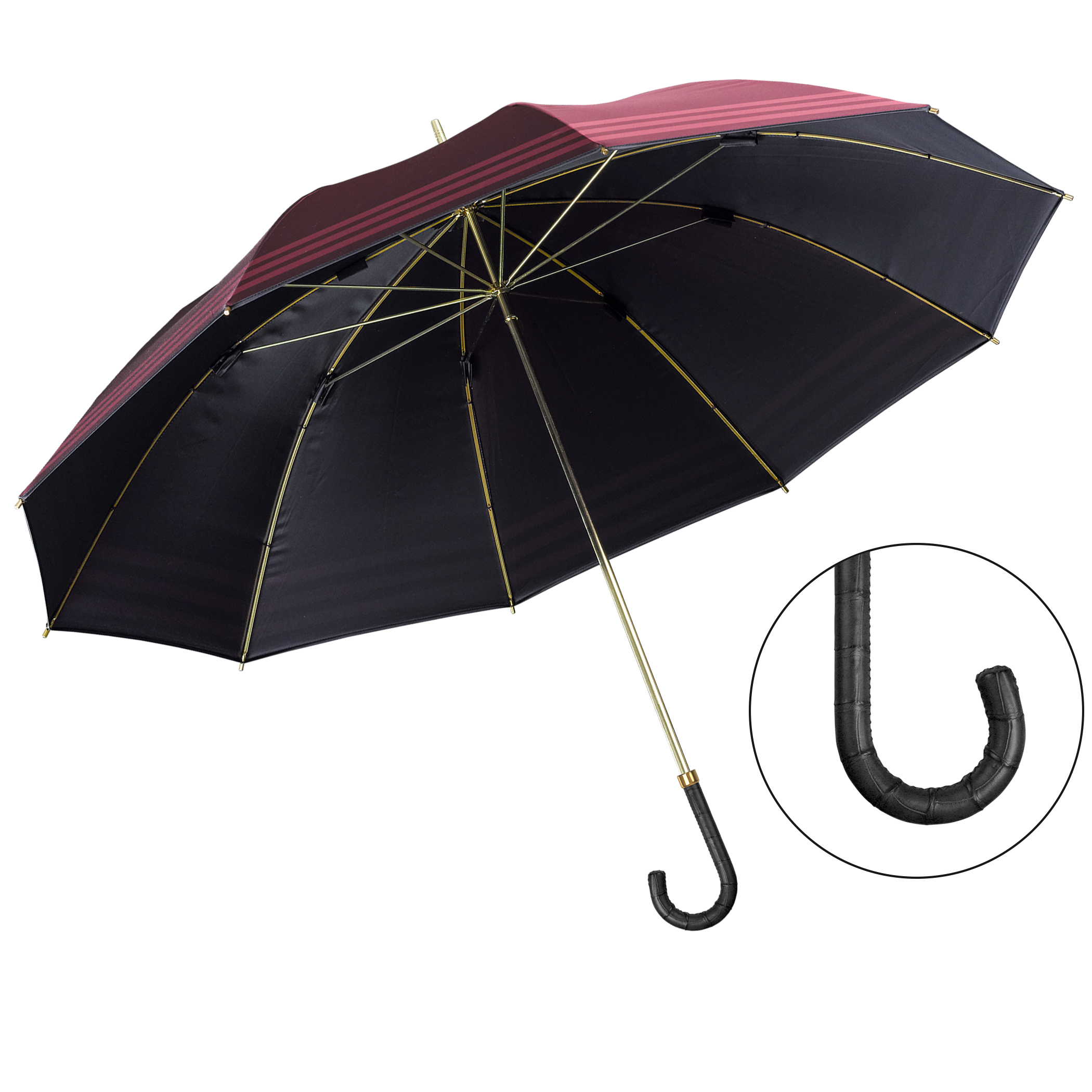 Parapluie de luxe Brillant DM20, poignée en cuir de crocodile noir, polyester noble rouge bordeaux, avec bordure décorative