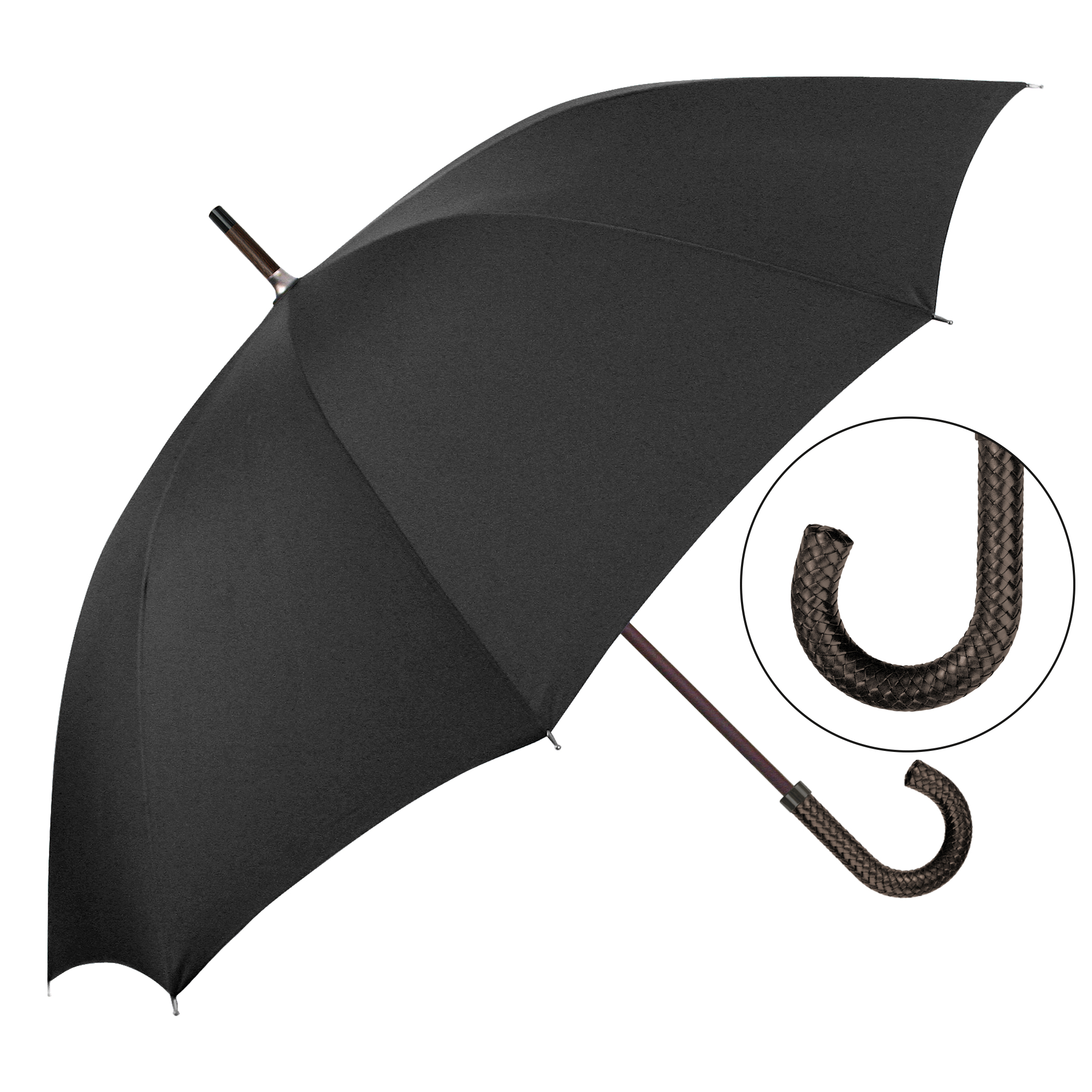 City umbrella W1U3, black, handle made of dark brown braided cow leather