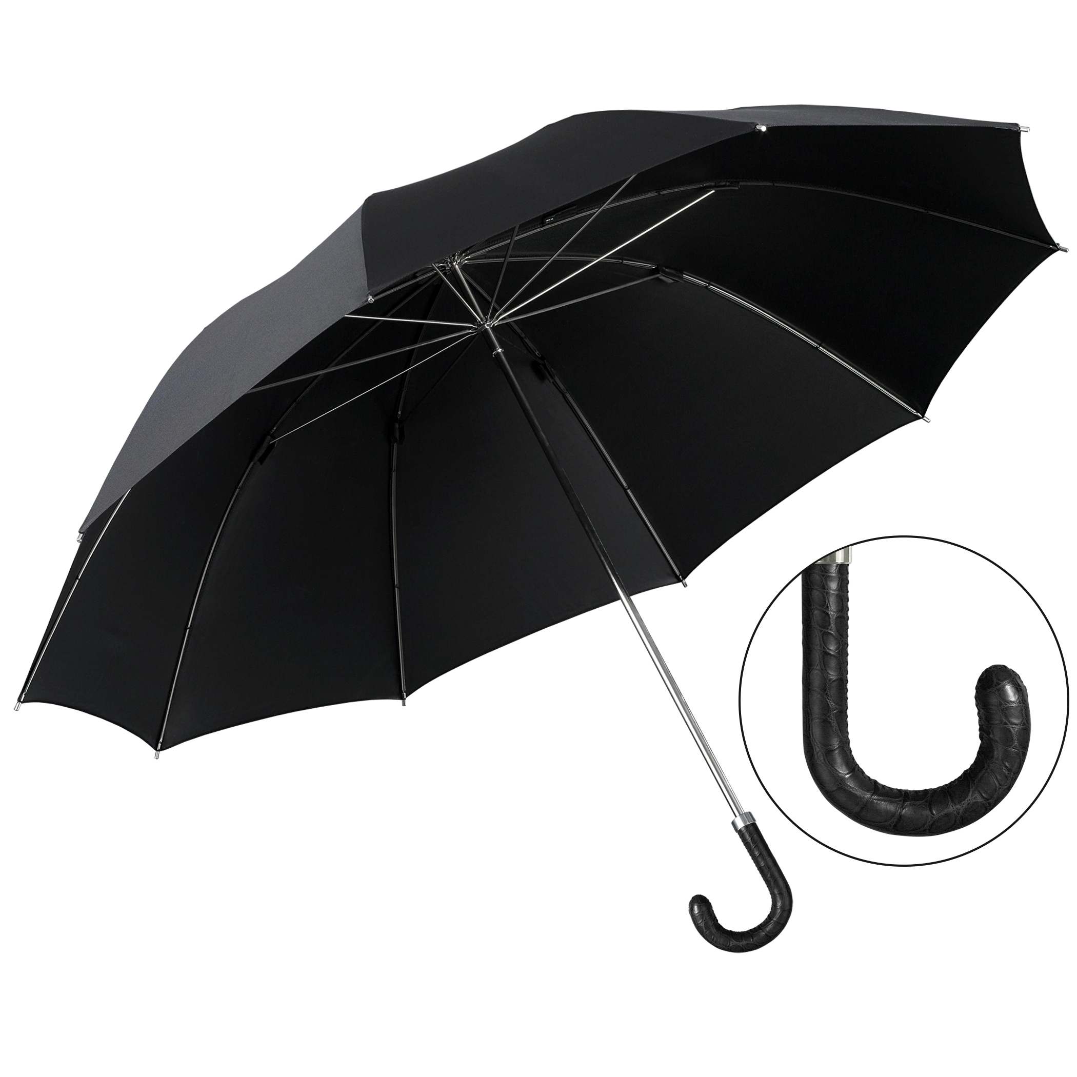 Parapluie de luxe Brillant HM54, poignée en cuir de crocodile noir, polyester noble noir