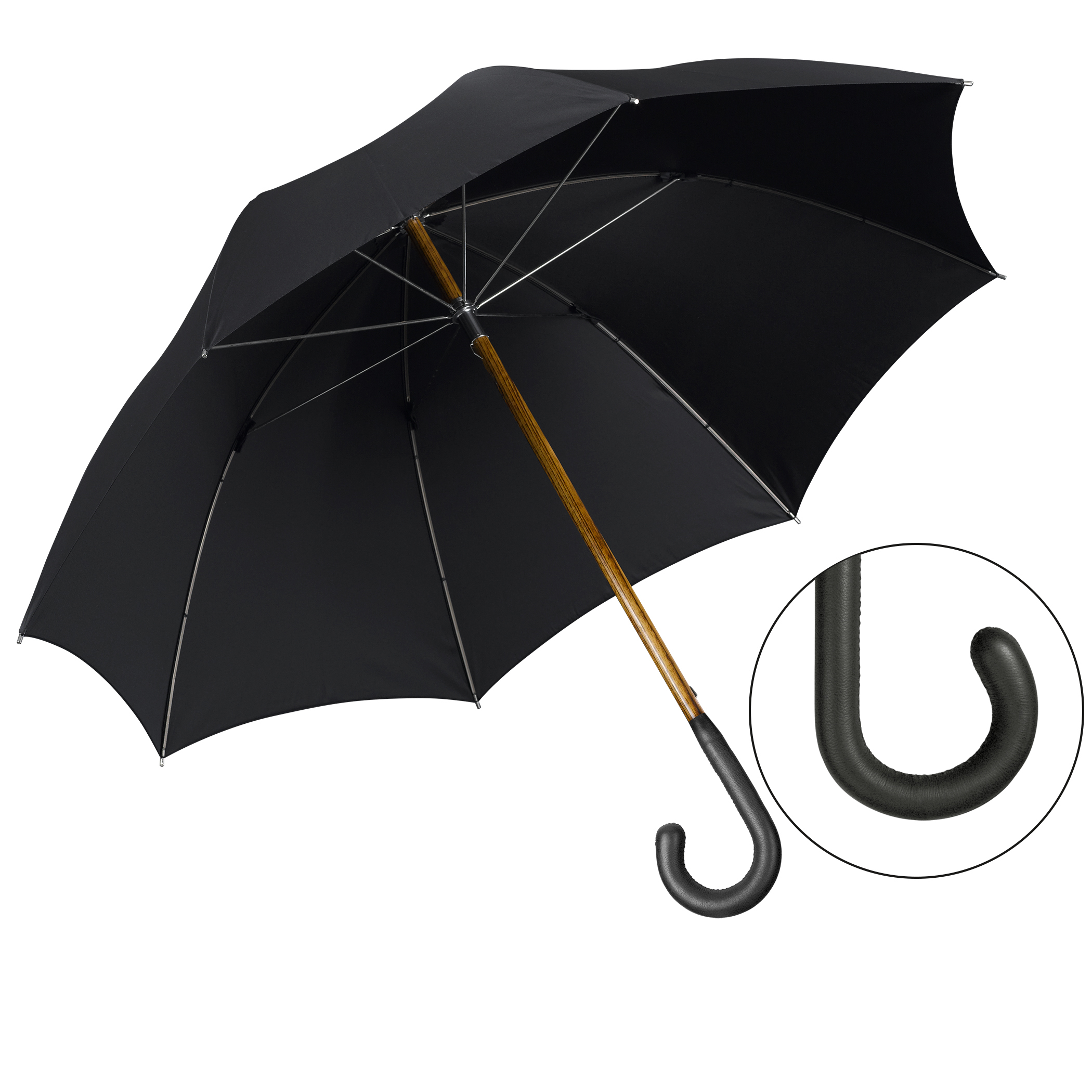 Parapluie de luxe Brillant HH57, poignée en cuir d'élan noir, tige en acacia, polyester noble noir