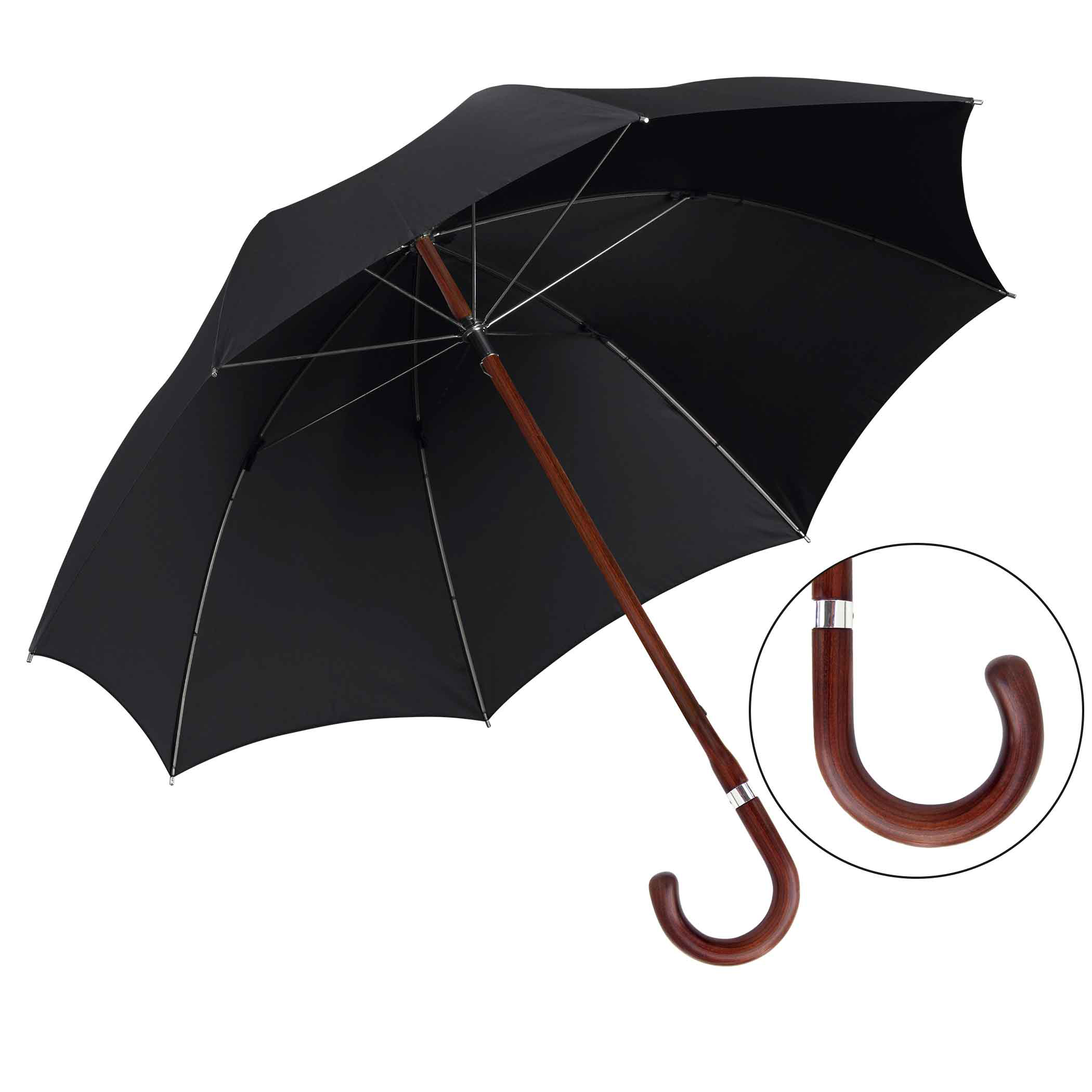 Parapluie de luxe Brillant HH80, poignée en bois de cerisier, tige en bois de cerisier, polyester noble noir