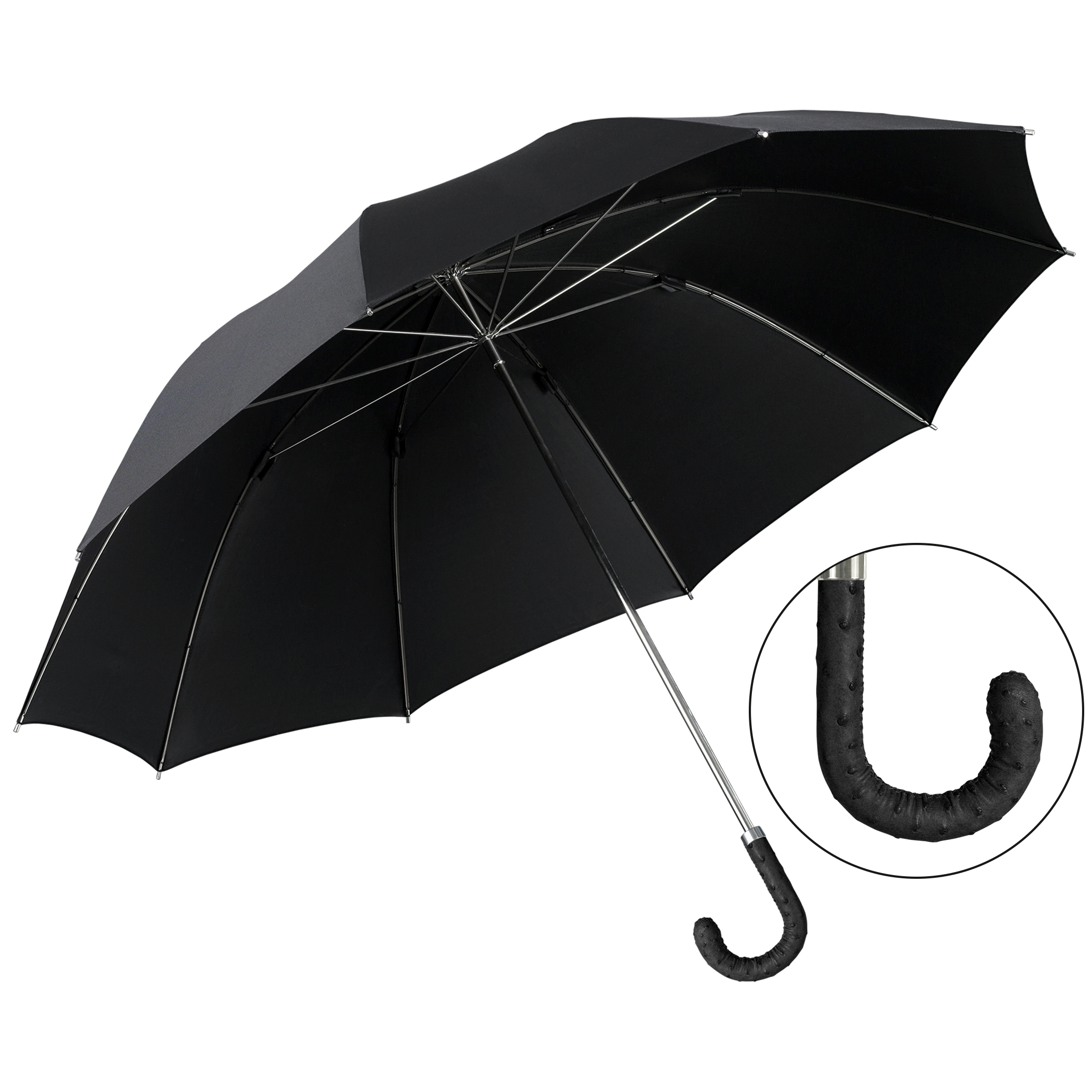 Parapluie de luxe Brillant HM68, poignée en cuir d'autruche noir, polyester noble noir