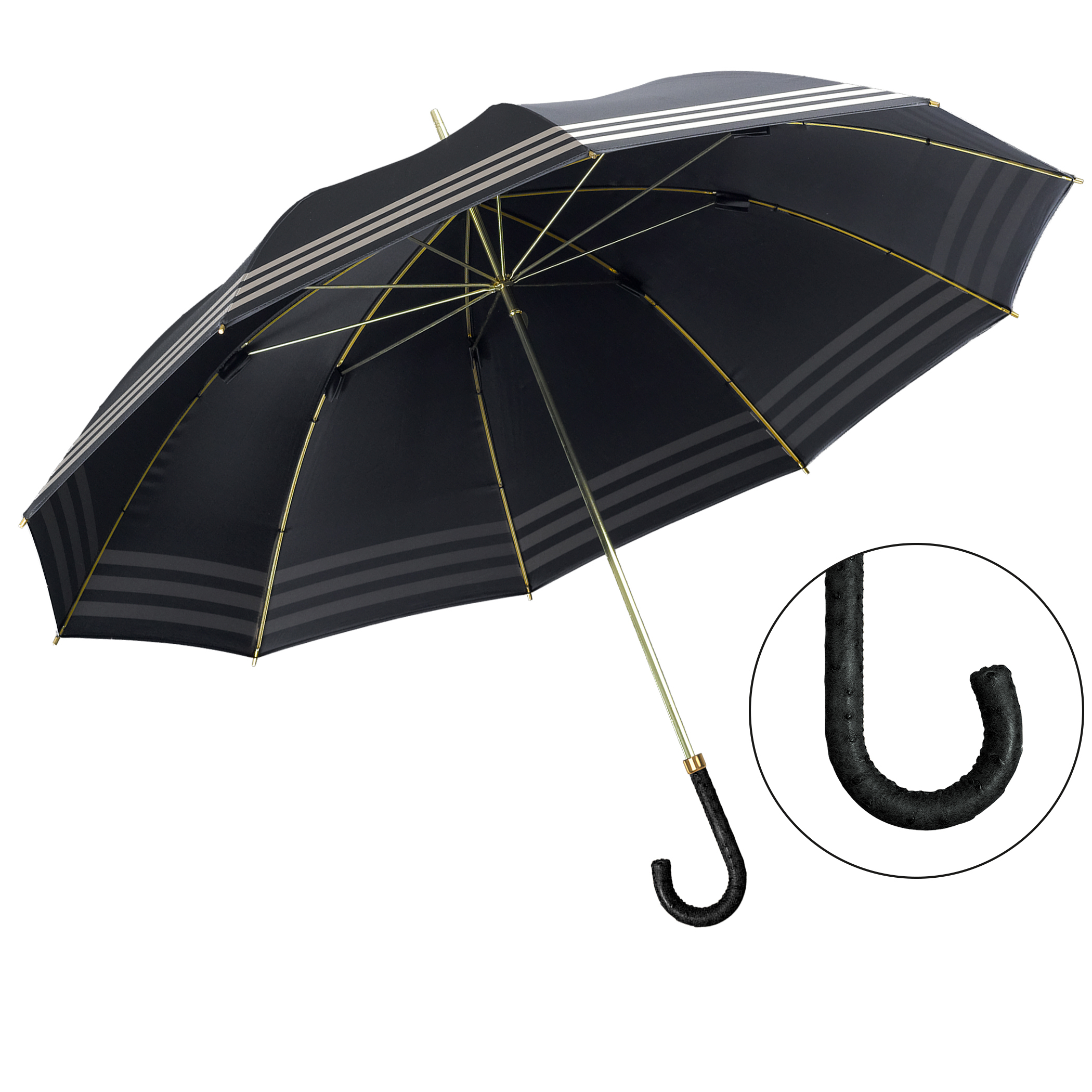 Parapluie de luxe Brillant DM17, poignée en cuir d'autruche noir, polyester noble noir, avec bordure décorative