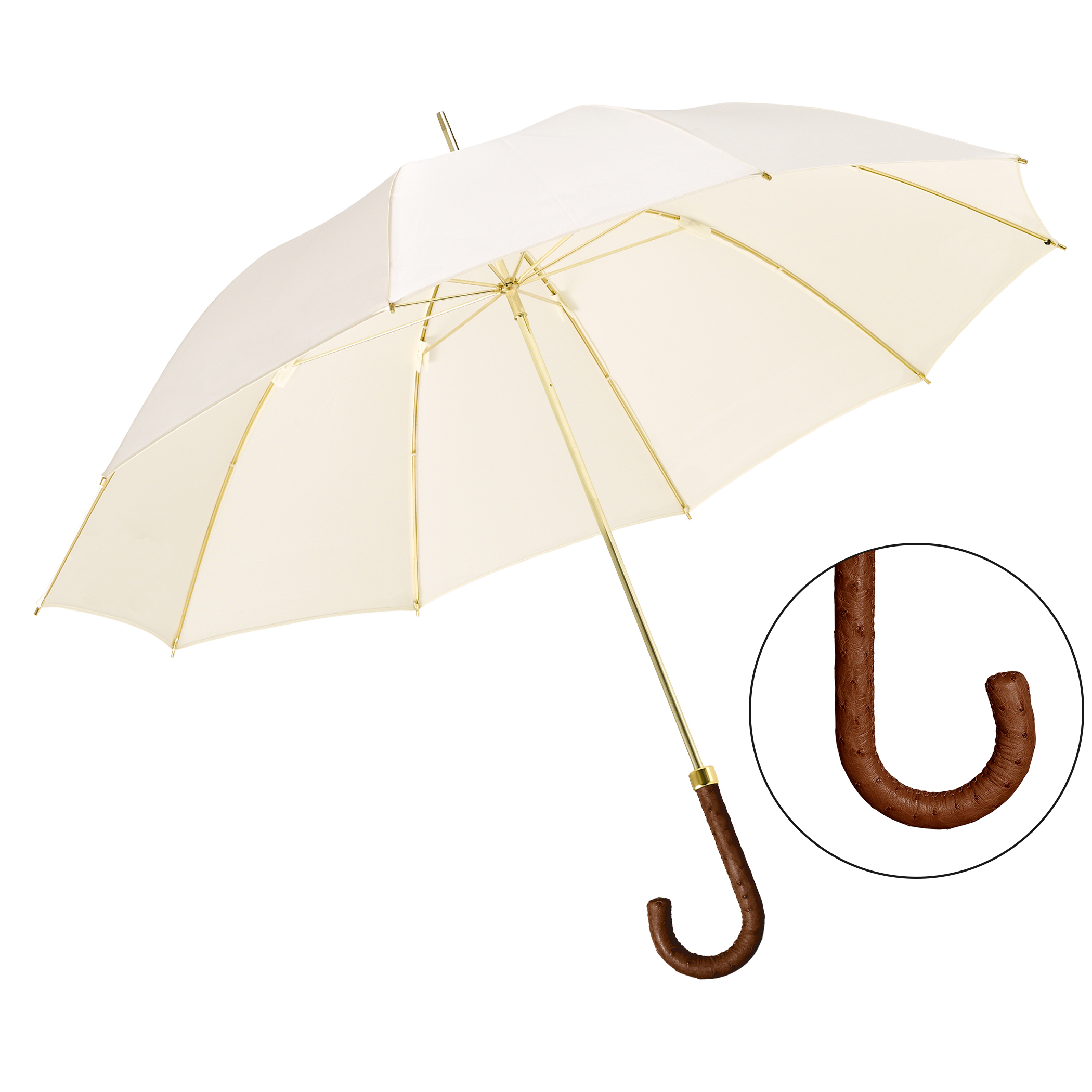 Parapluie de luxe Brillant DM23, poignée en cuir d'autruche brun, polyester noble crème