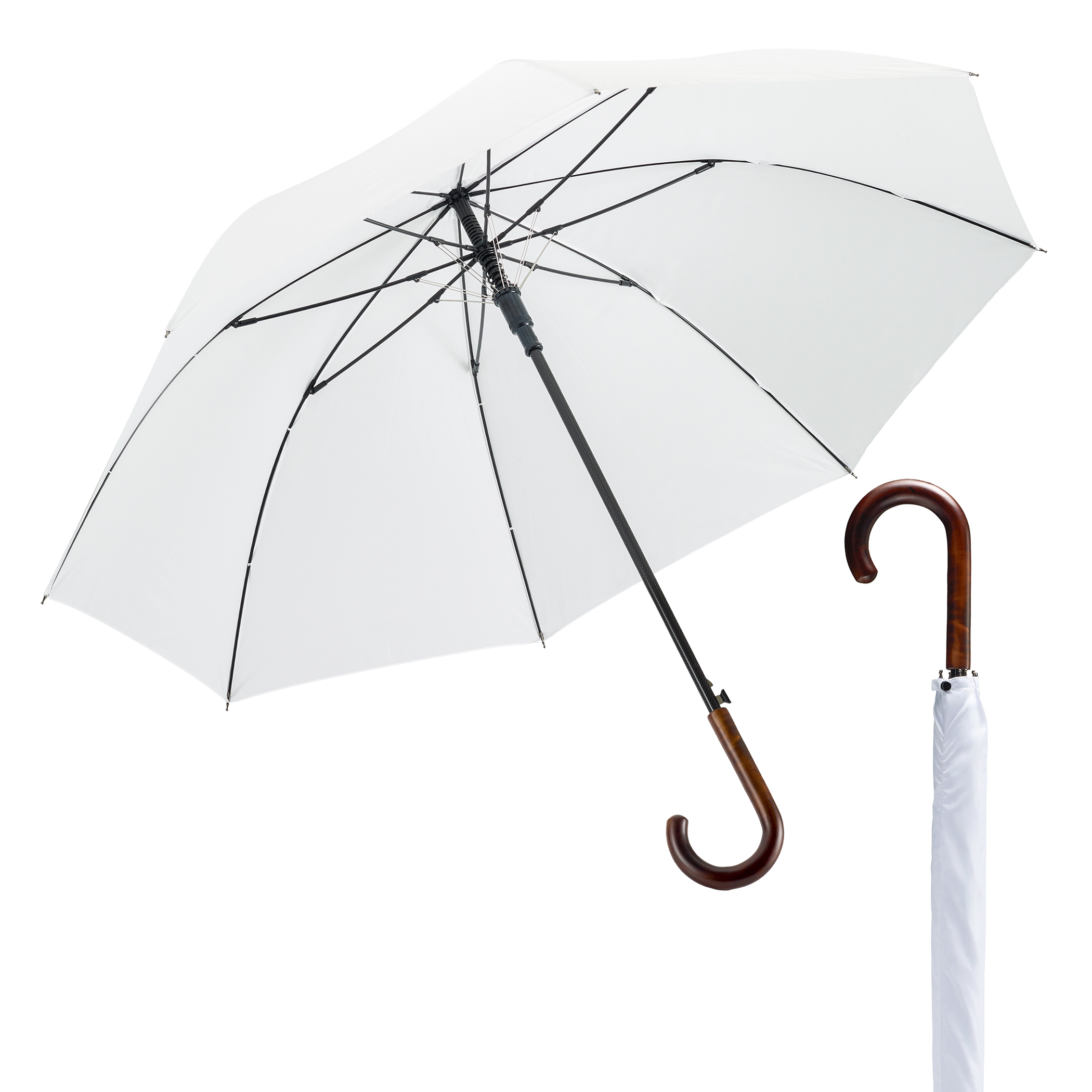 Parapluie de ville carbon W137, blanc, parapluie partenaire, automatique, tige en carbone, manche en érable