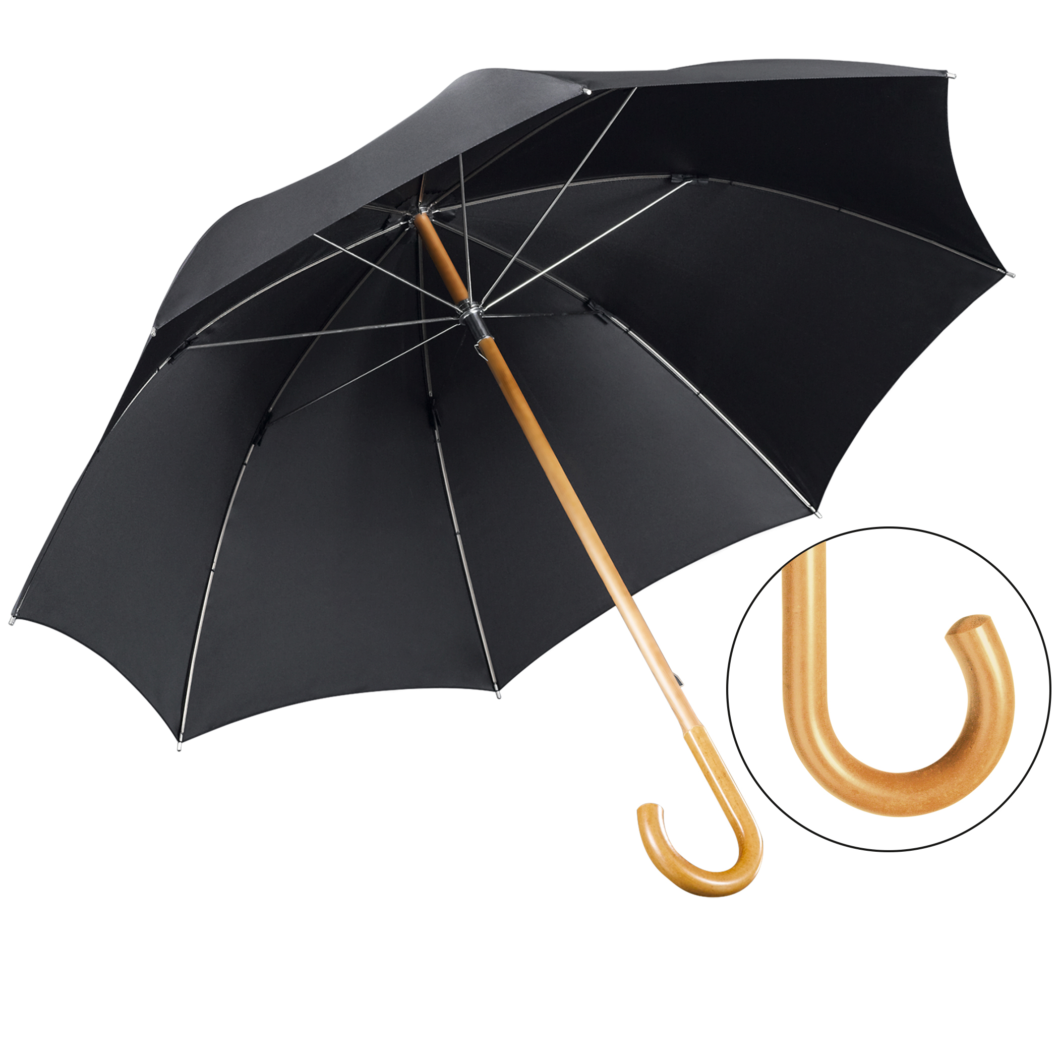 Parapluie de luxe Brillant HH62, poignée en bois de malacca, tige en malacca, polyester noble noir