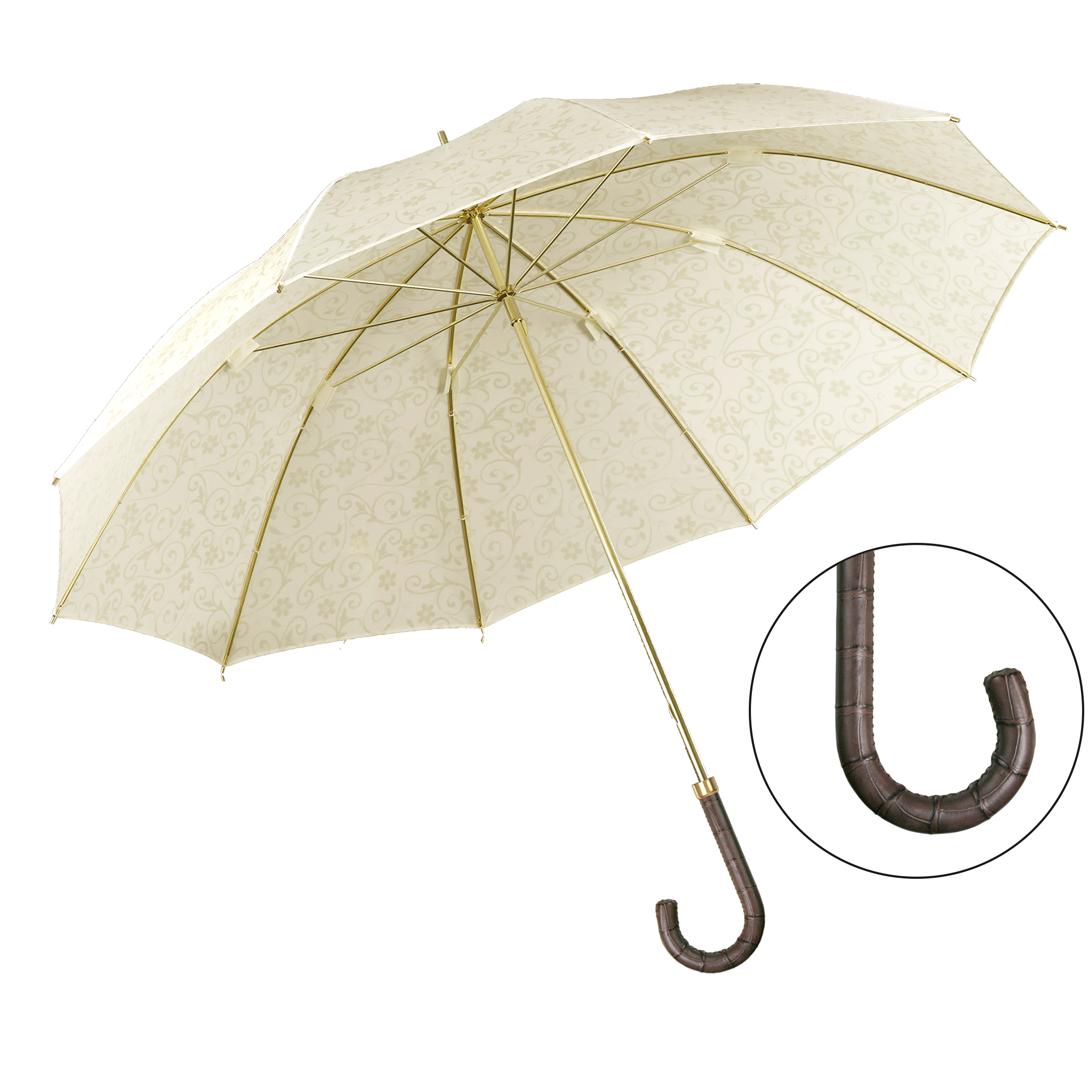 Parapluie de luxe Brillant DM22, poignée en cuir de crocodile brun foncé, polyester noble crème, motif sur l’ensemble
