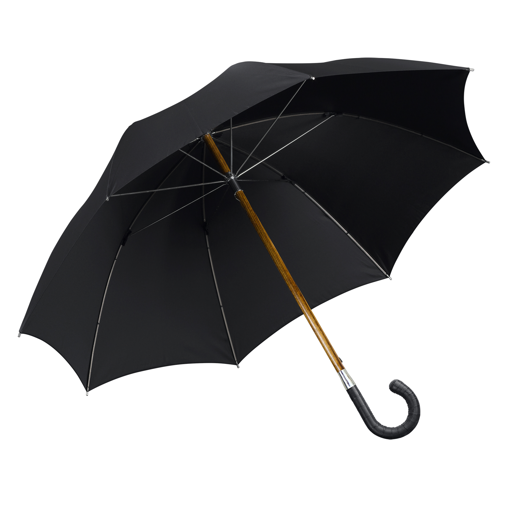 Luxury umbrella Brillant HH60, crocodile leather handle black, wooden stick made of acacia, silk black