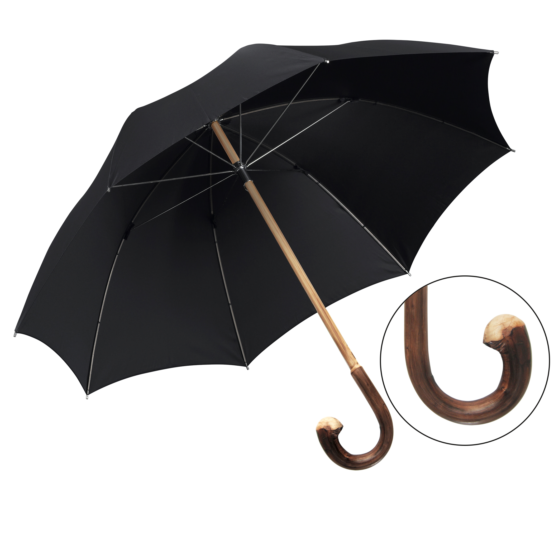 Parapluie de luxe Brillant HH78, poignée en bois de châtaignier, tige en châtaignier, polyester noble noir