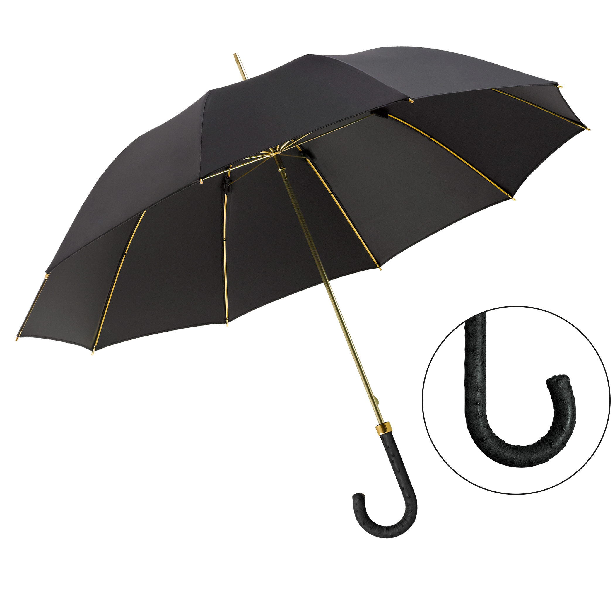 Parapluie de luxe Brillant DM18, poignée en cuir d'autruche noir, polyester noble noir