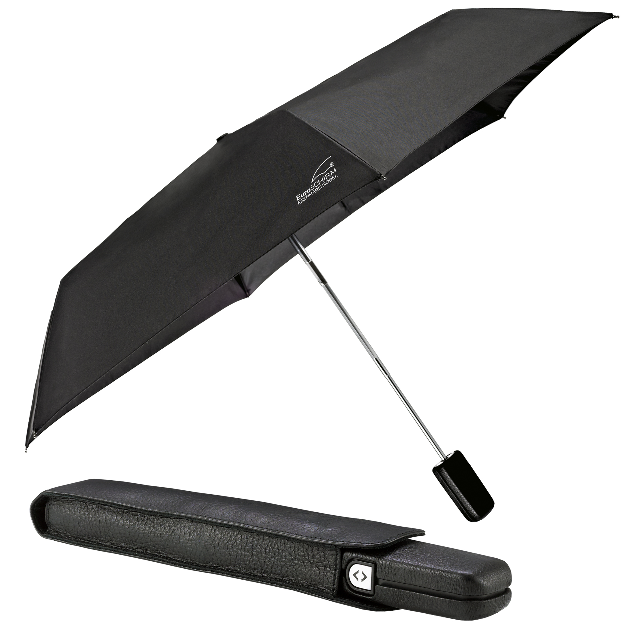 Parapluie de ville 3034, noir, poignée en cuir véritable