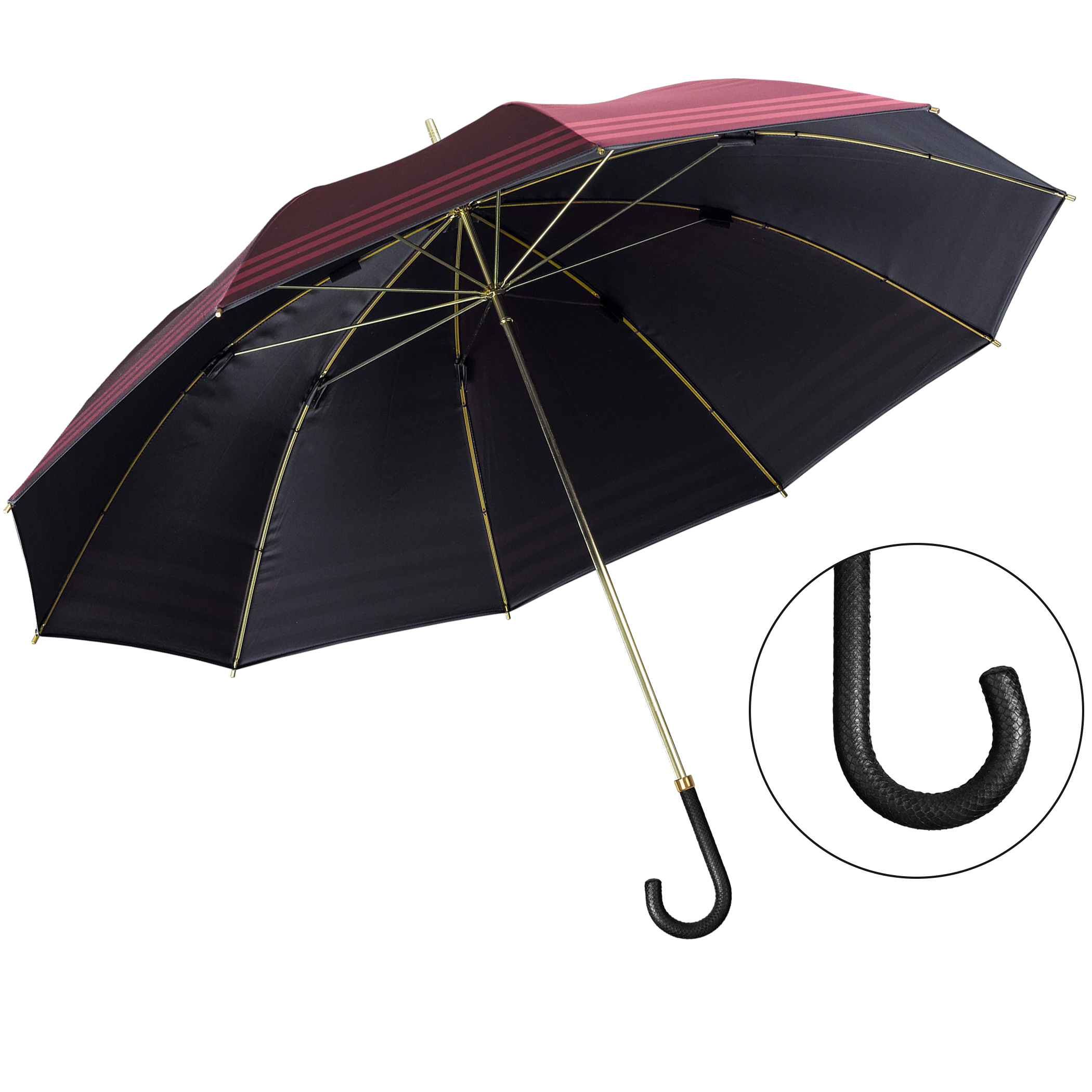 Parapluie de luxe Brillant DM21, poignée en cuir de python noir, polyester noble rouge bordeaux, avec bordure décorative