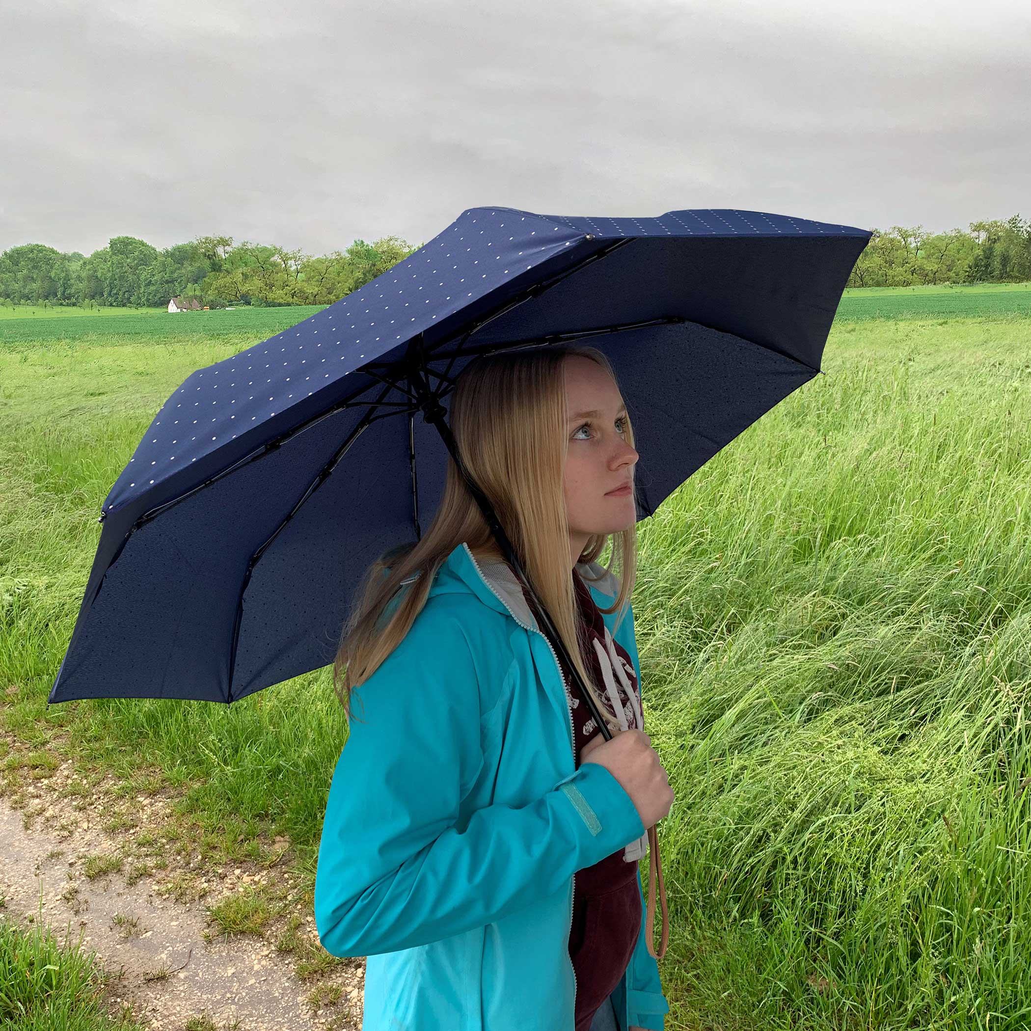City umbrella 32P7-PWD, navy blue, pocket umbrella, eco-friendly, automatic, sustainable materials, dot design, white