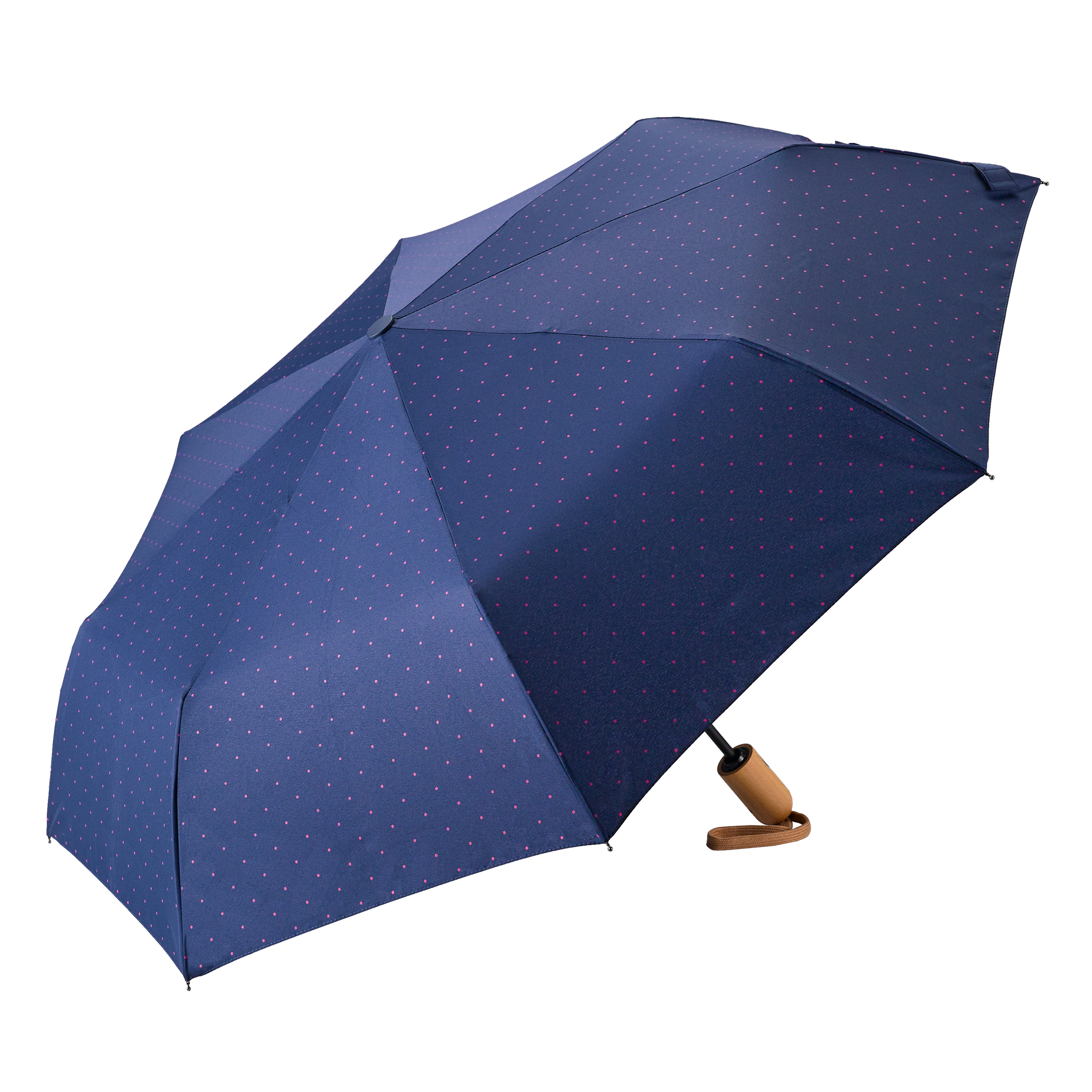 Parapluie de ville 32P7-PPD, écologique, bleu marine, parapluie de poche, écologique, automatique, matériaux durables, dessin à pois, rose