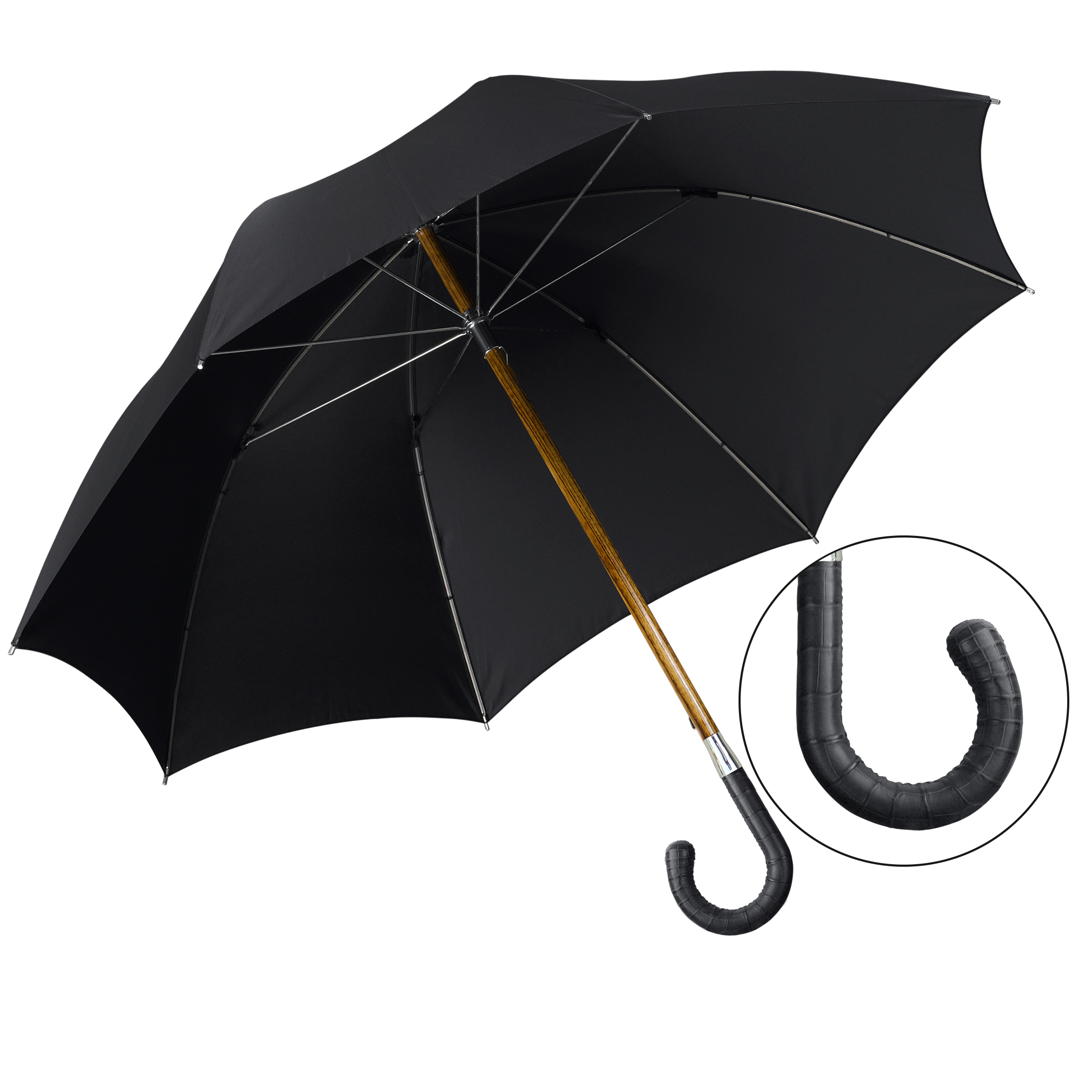 Luxury umbrella Brillant HH60, crocodile leather handle black, wooden stick made of acacia, silk black