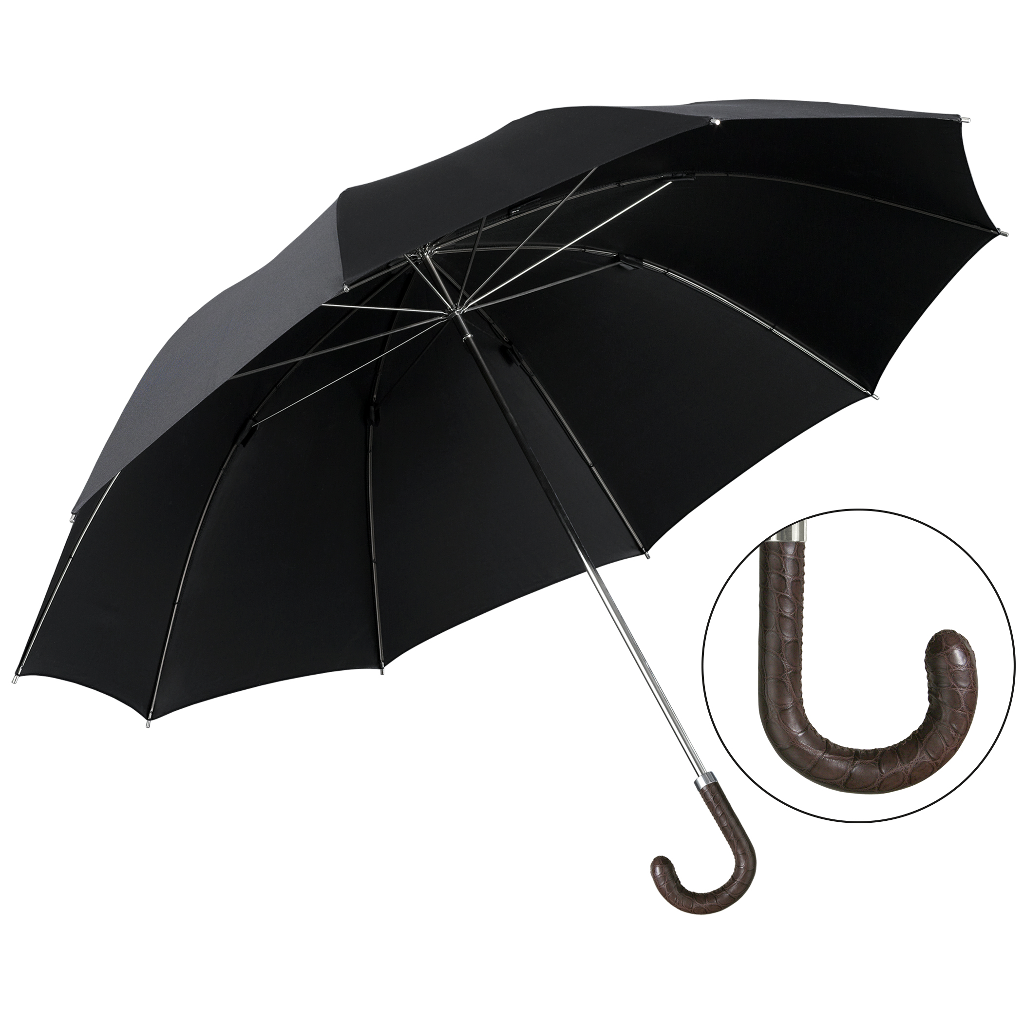 Parapluie de luxe Brillant HM54, poignée en cuir de crocodile brun foncé, soie noir