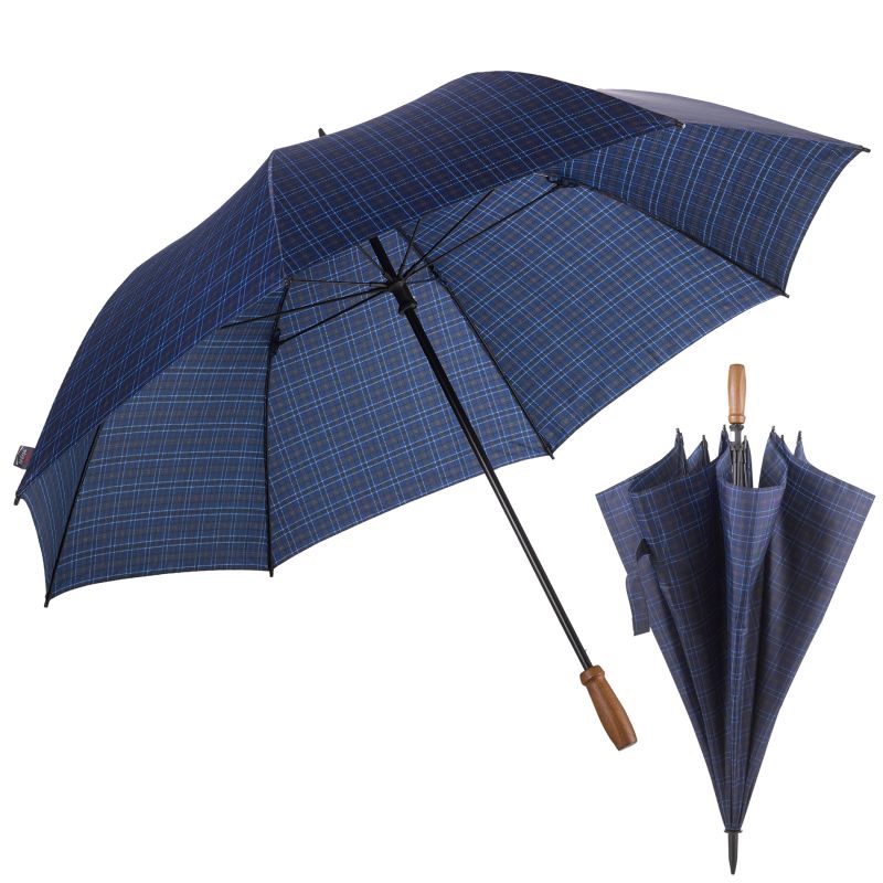 Parapluie de golf birdiepal classic, bleu, à carreaux, poignée en bois de noyer, taille XXL