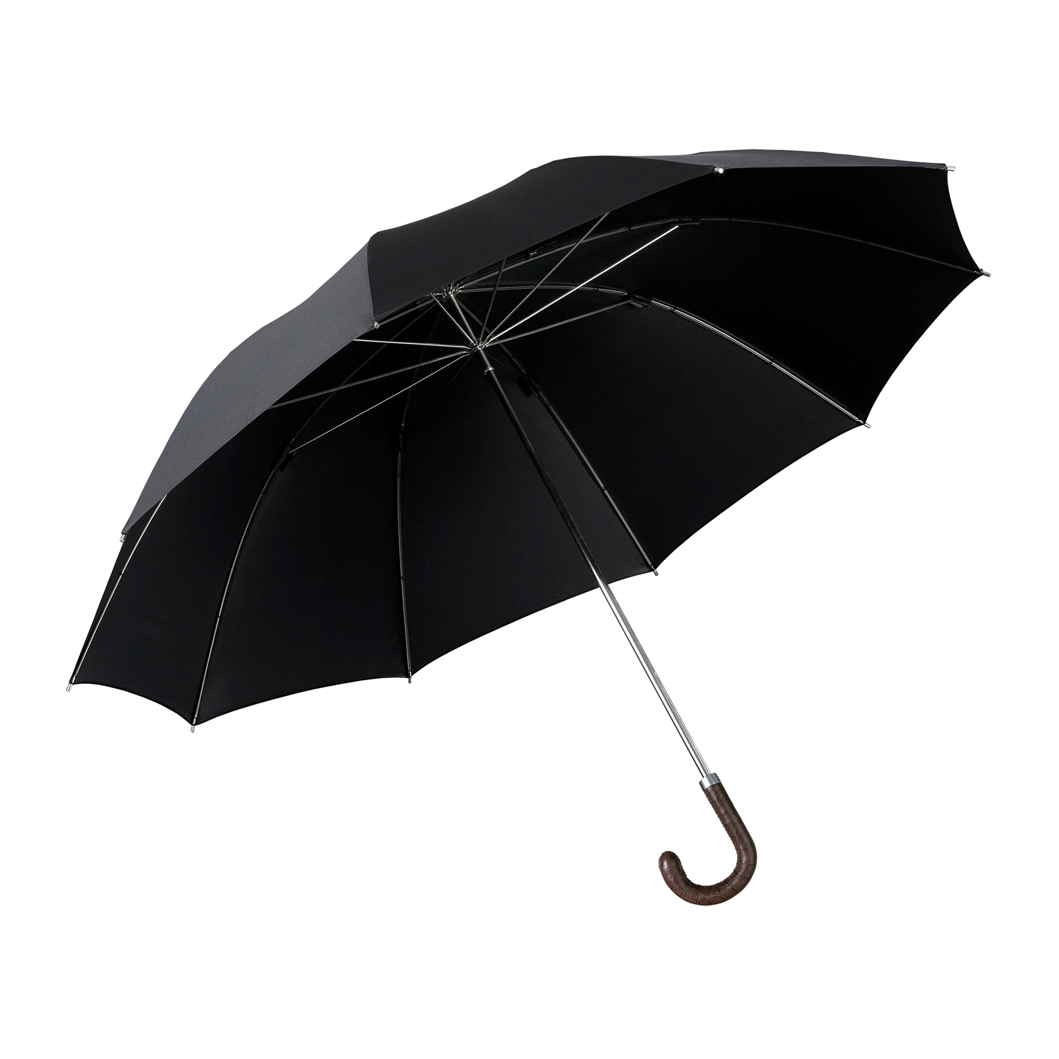 Parapluie de luxe Brillant HM54, poignée en cuir de crocodile brun foncé, soie noir