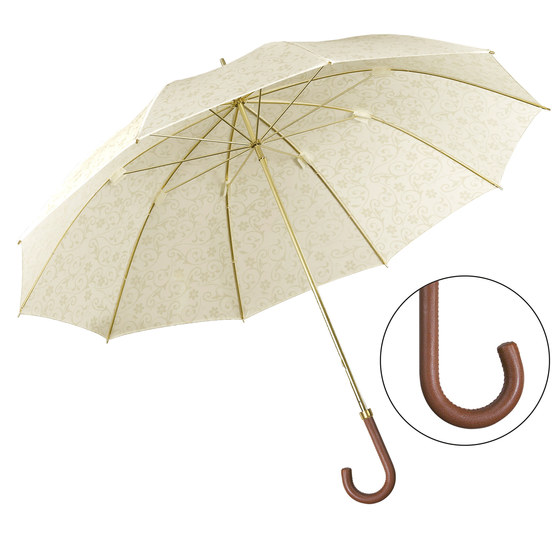 Parapluie de luxe Brillant DM16, Poignée en cuir de chèvre brun, polyester noble crème, motif sur l’ensemble