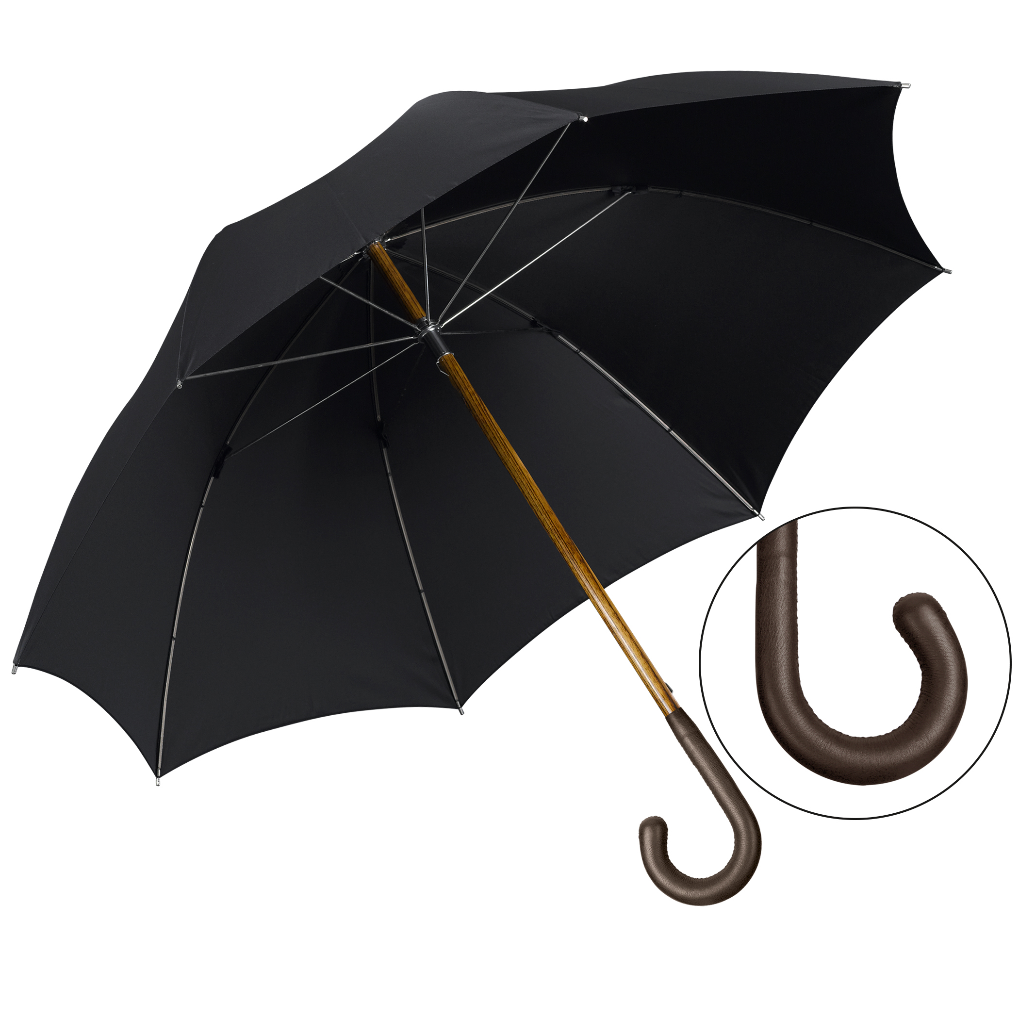 Parapluie de luxe Brillant HH57, poignée en cuir d'élan brun foncé, tige en acacia, polyester noble noir