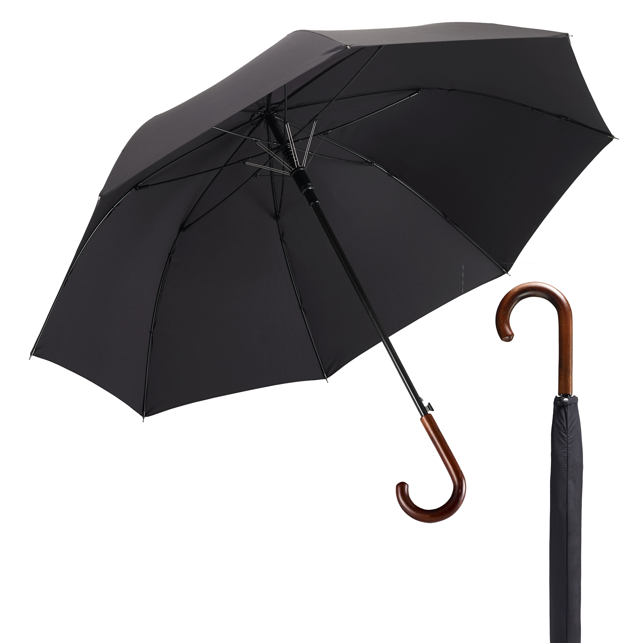 Parapluie de ville carbon W137, noir, parapluie partenaire, automatique, tige en carbone, manche en érable