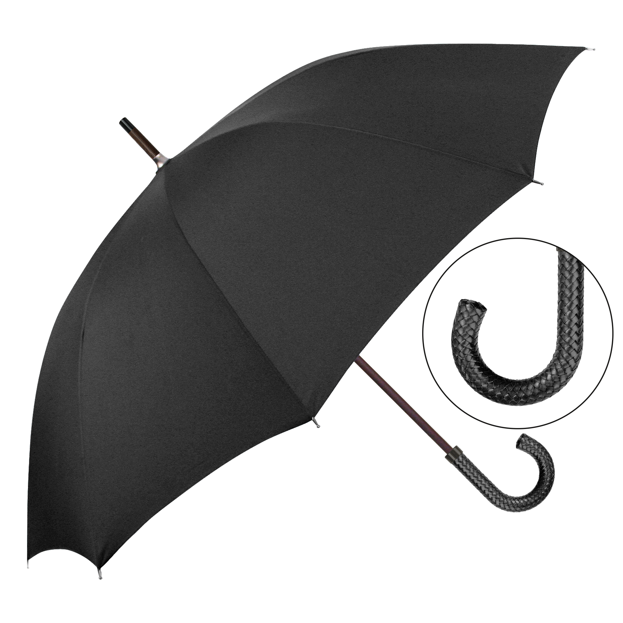 City umbrella W1U3, black, handle made of black braided cow leather