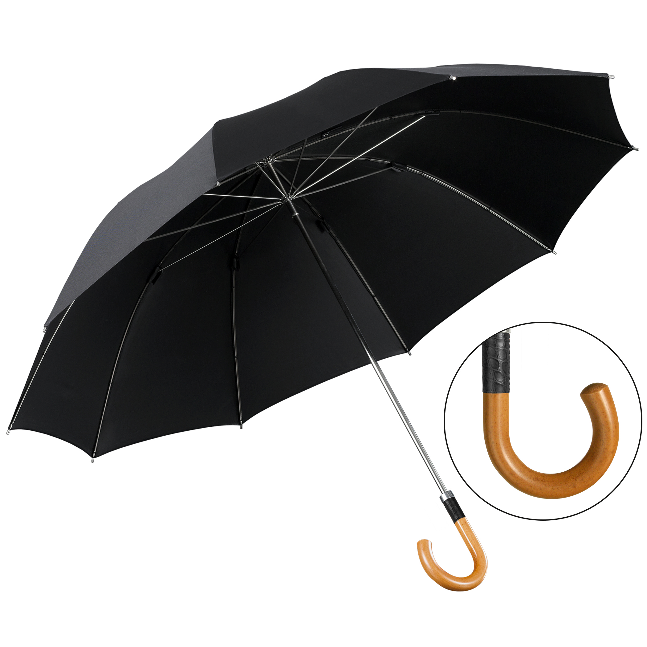 Parapluie de luxe Brillant HM59, poignée en malacca avec bande en cuire de crocodile noir, polyester noble noir