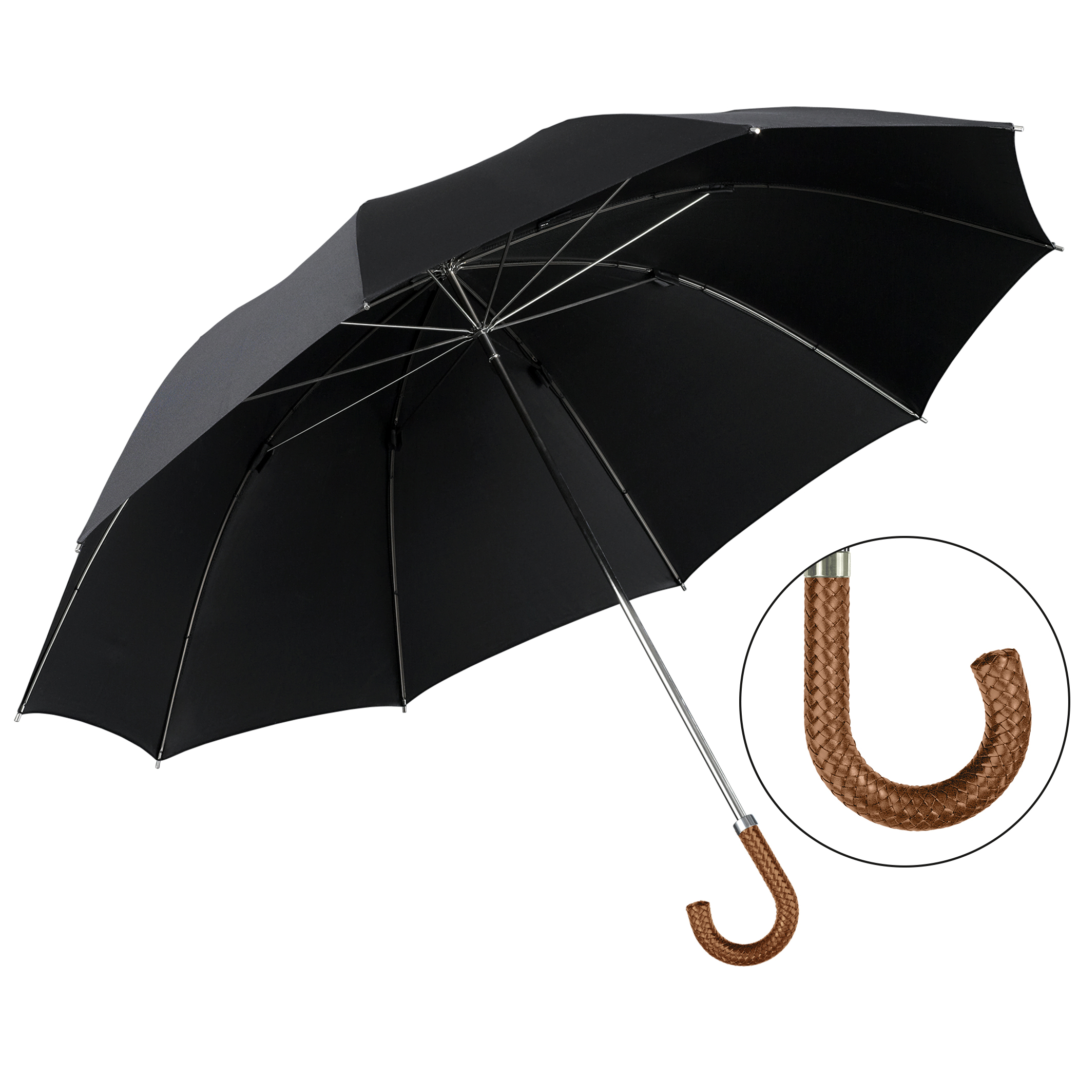 Parapluie de luxe Brillant HM58, poignée en cuir de bœuf tressé brun, polyester noble noir