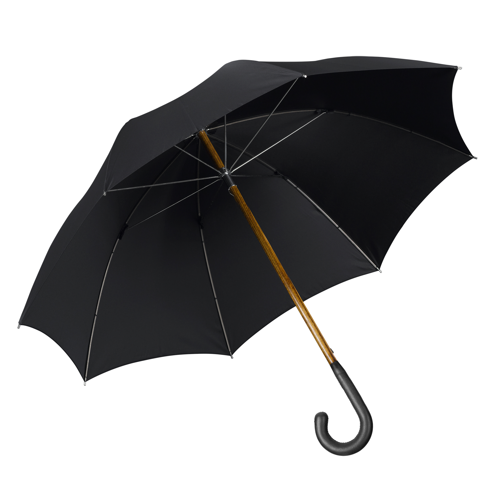 Luxus-Regenschirm Brillant HH57, Elchledergriff schwarz, Holzstock aus Akazie, Seide schwarz