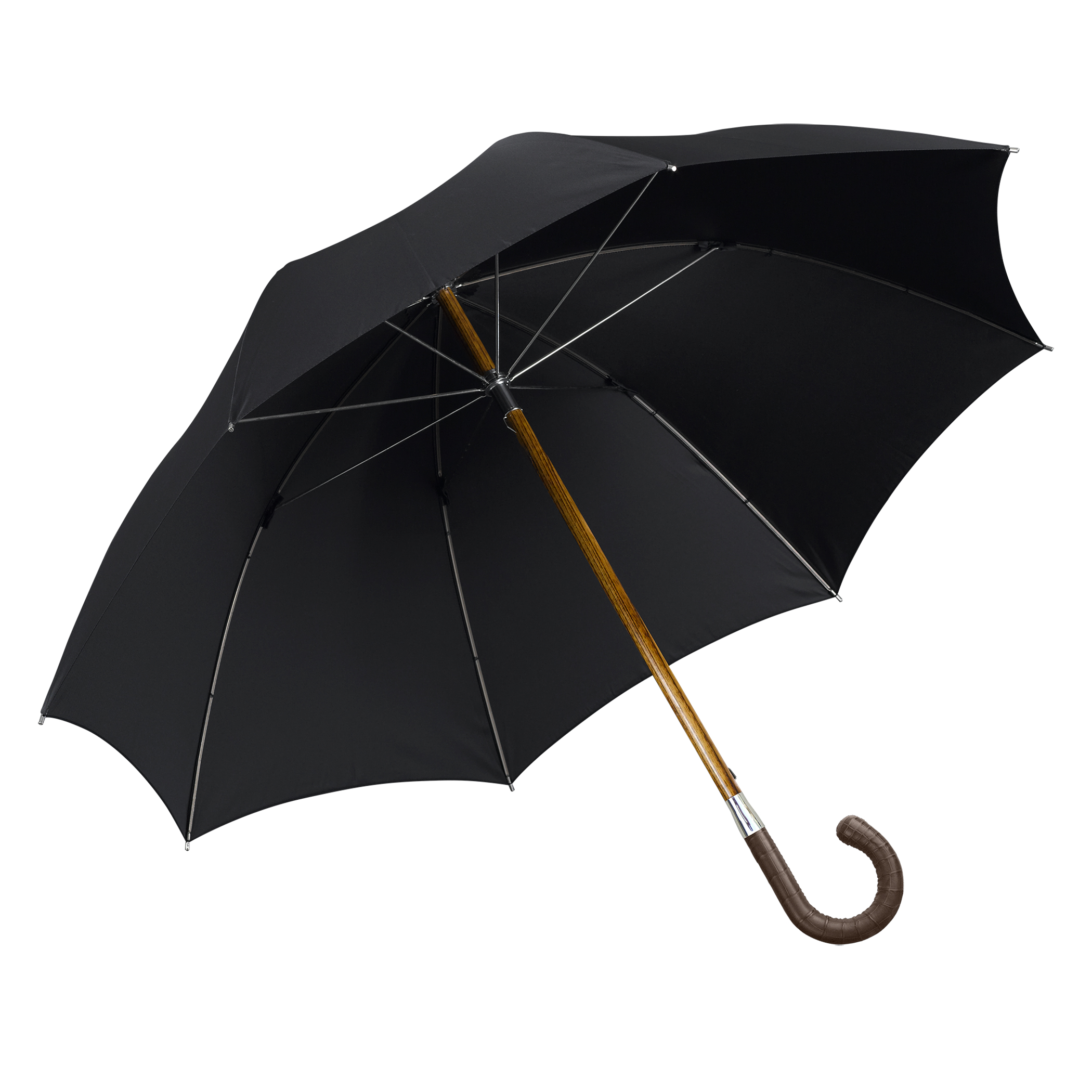 Luxus-Regenschirm Brillant HH60, Krokoledergriff dunkelbraun, Holzstock aus Akazie, Seide schwarz