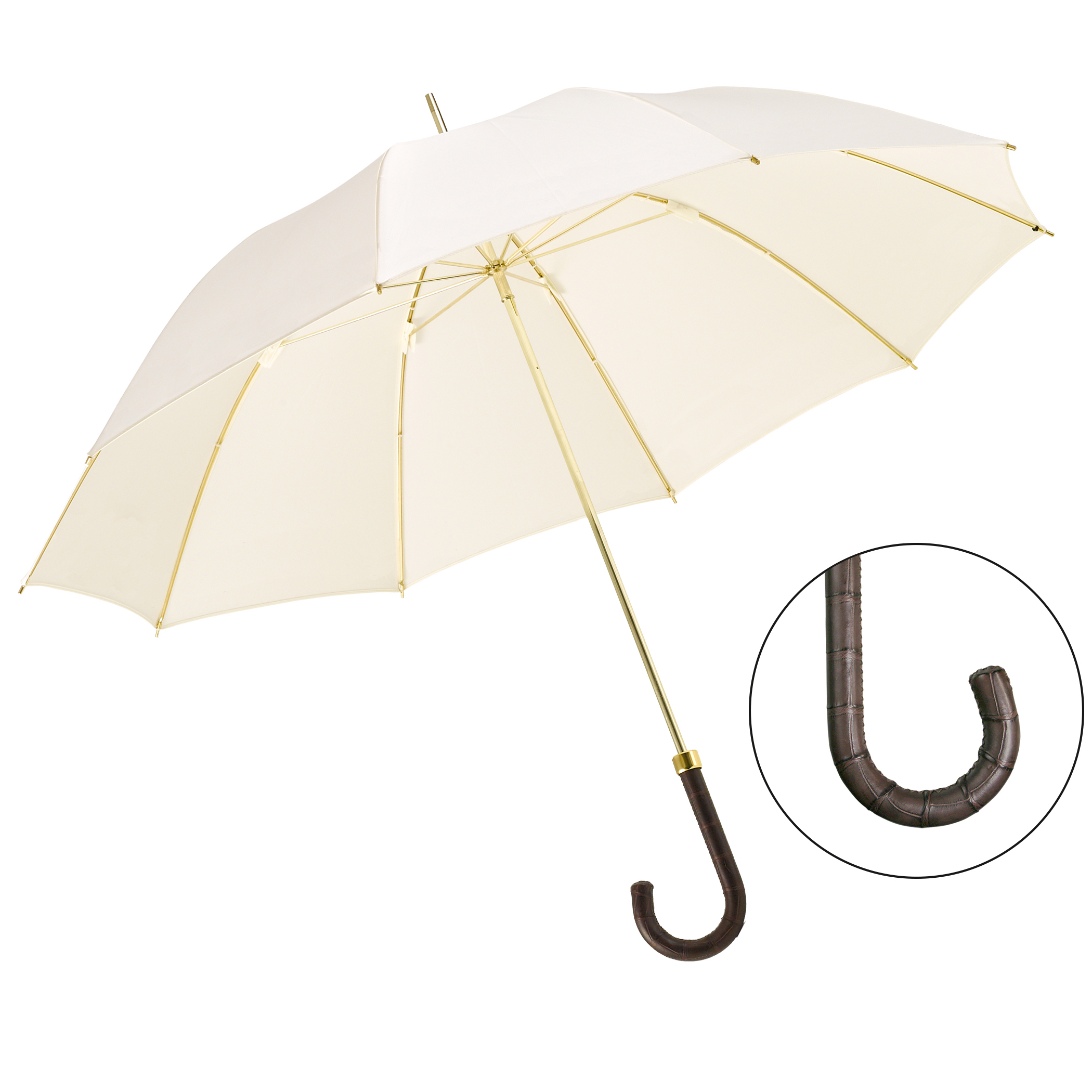 Parapluie de luxe Brillant DM19, poignée en cuir de crocodile brun foncé, polyester noble crème