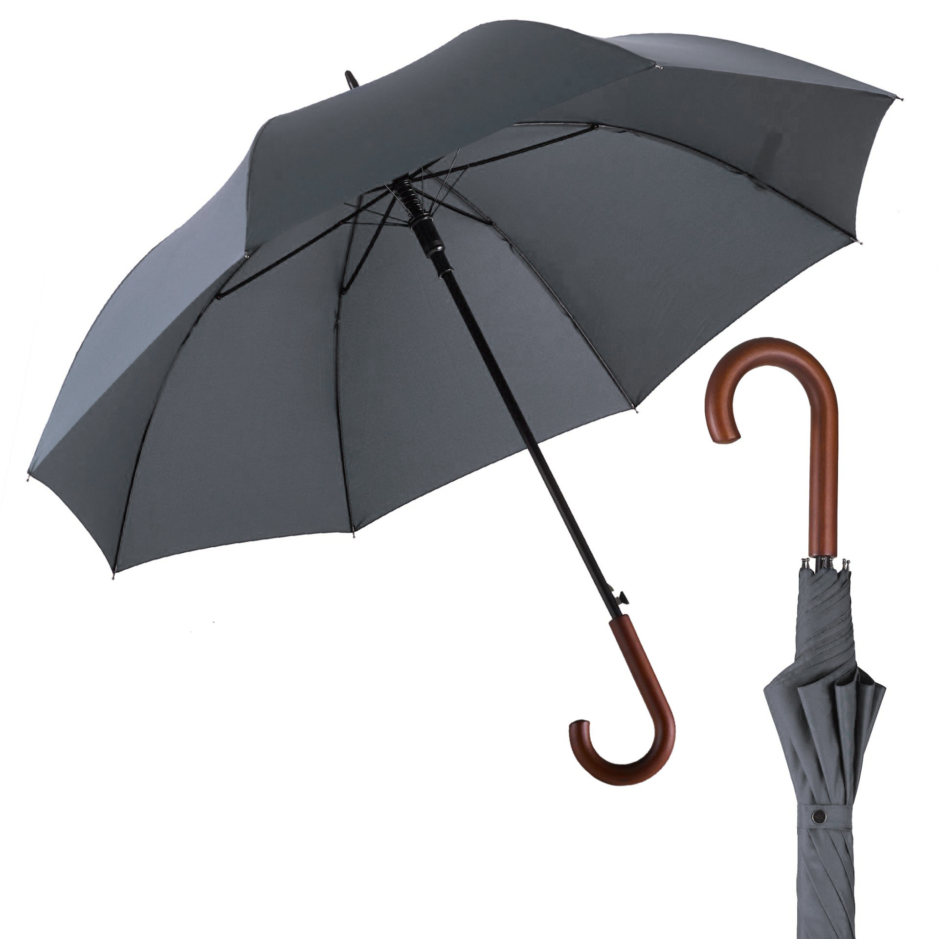 Parapluie de ville W130, gris foncé, parapluie partenaire, poignée en bois