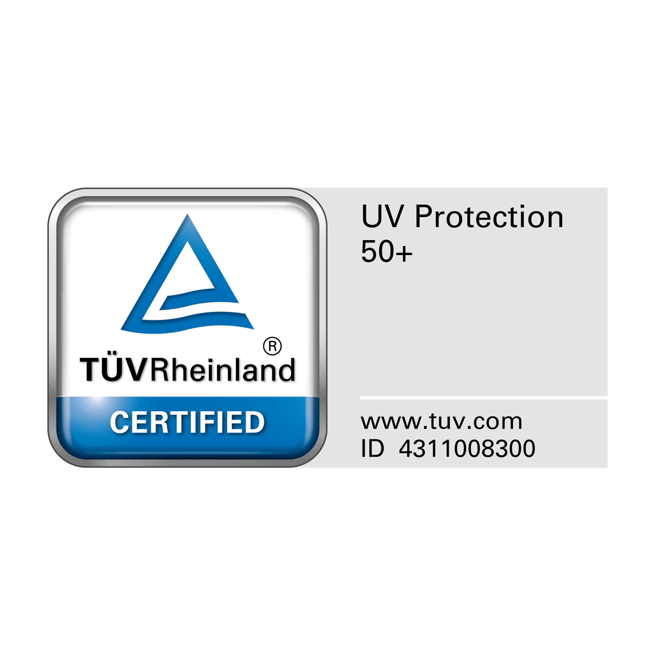 Vue du label de test de TUEV Protection UV 50+ - Le label identifie les parapluies EuroSCHIRM certifiés par le TUEV avec protection UV LSF 50+ dans la boutique.