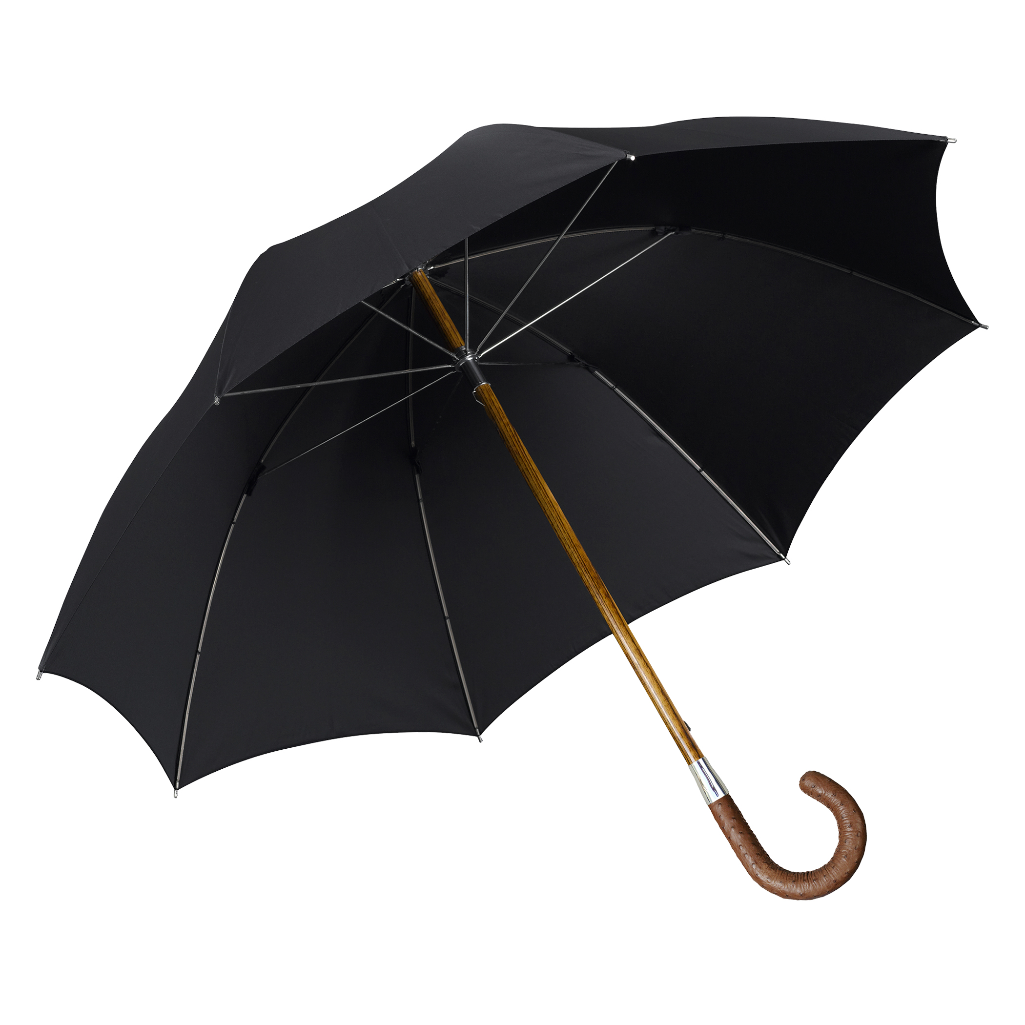 Luxury umbrella Brillant HH55, ostrich leather handle brown, wooden stick made of acacia, silk black