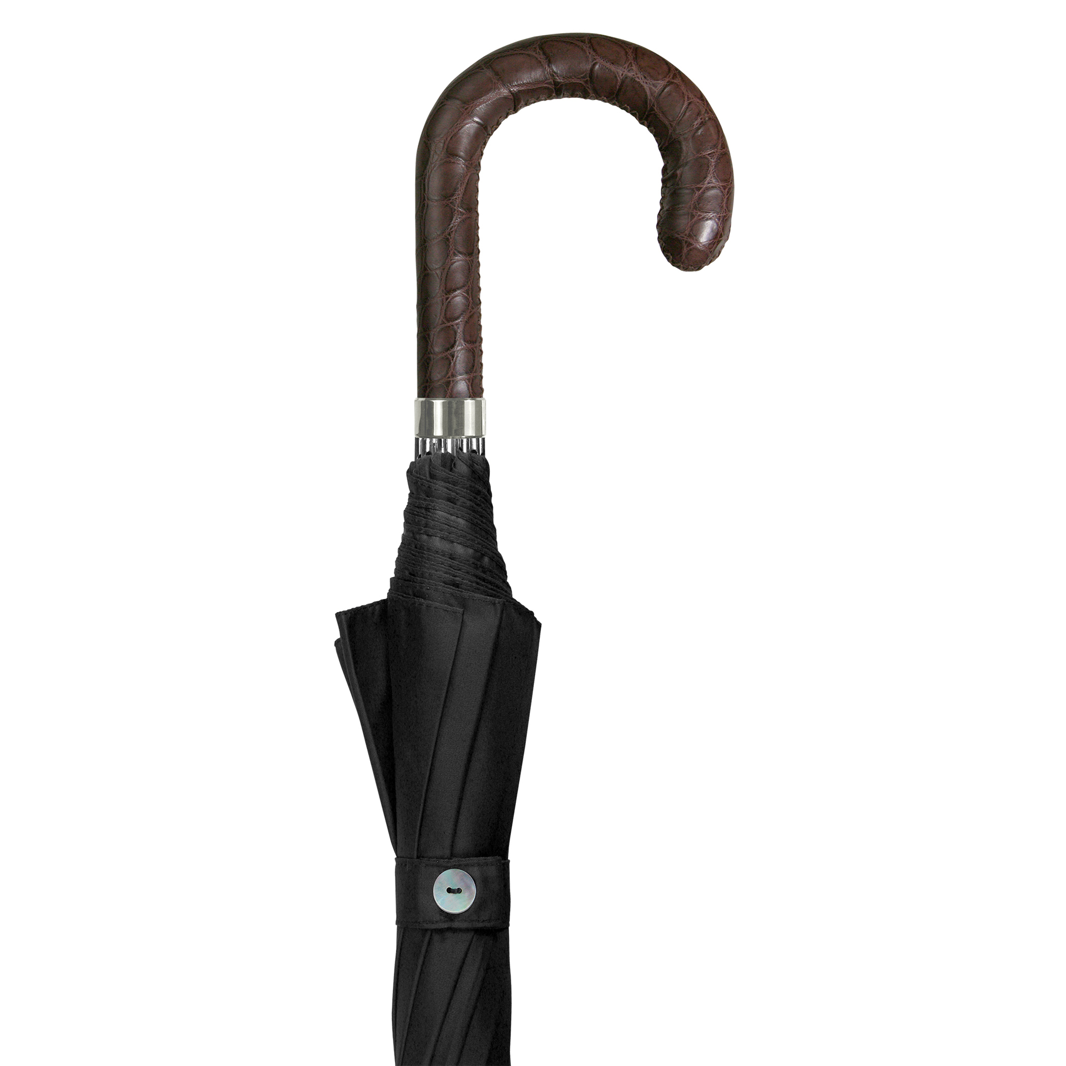 Parapluie de luxe Brillant HM54, poignée en cuir de crocodile brun foncé, soie noir