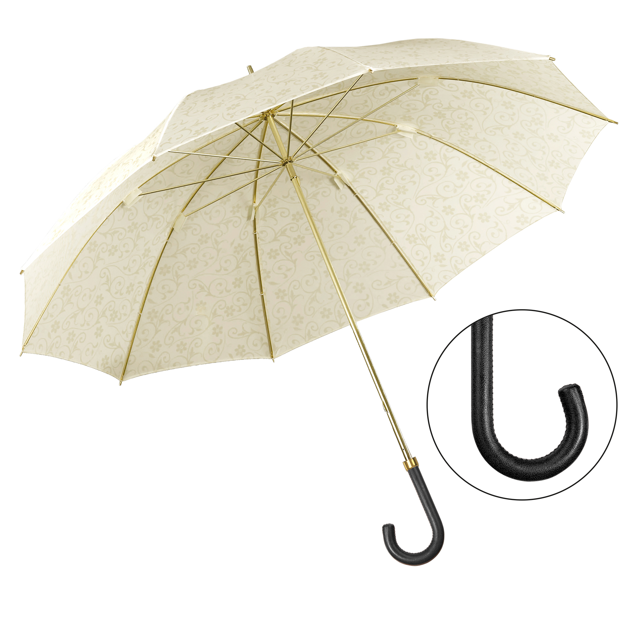 Parapluie de luxe Brillant DM16, Poignée en cuir de chèvre noir, polyester noble crème, motif sur l’ensemble