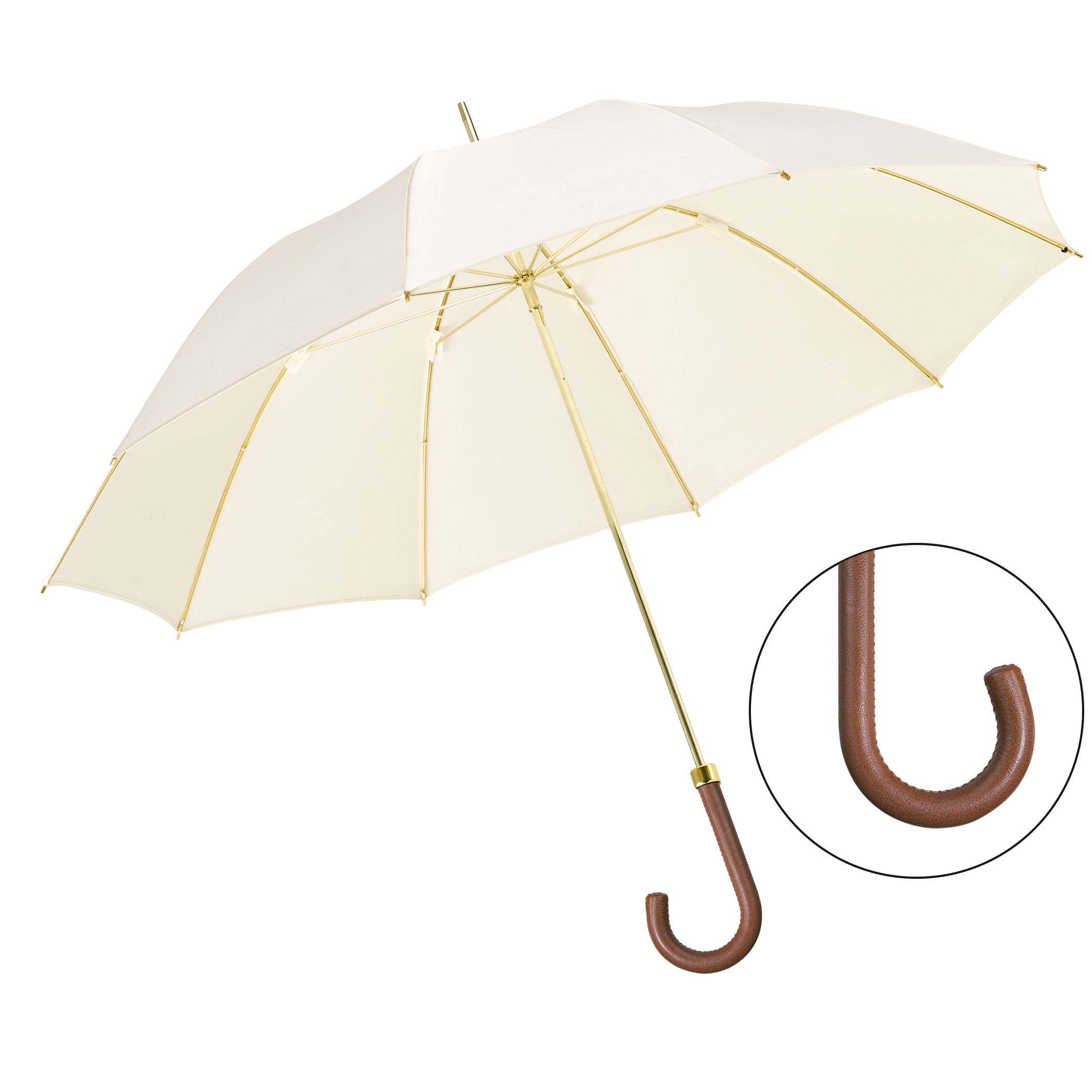 Parapluie de luxe Brillant DM24, poignée en cuir de chèvre brun, polyester noble crème