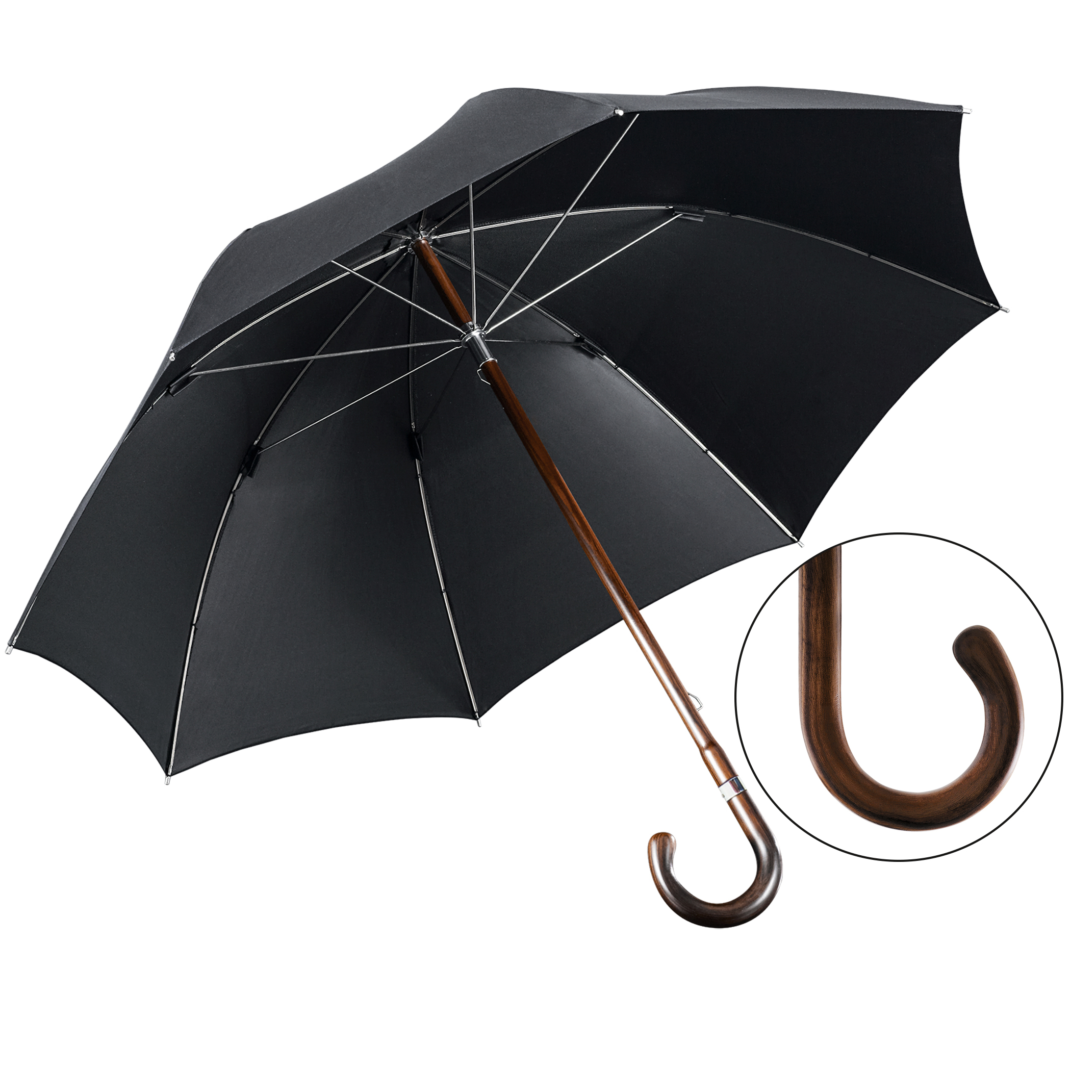 Luxury umbrella Brillant HH88, wooden handle made of walnut, wooden stick made of walnut, silk black