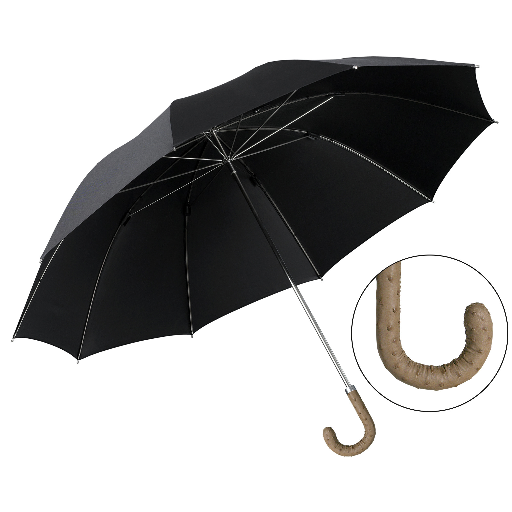 Parapluie de luxe Brillant HM68, poignée en cuir d'autruche beige, polyester noble noir