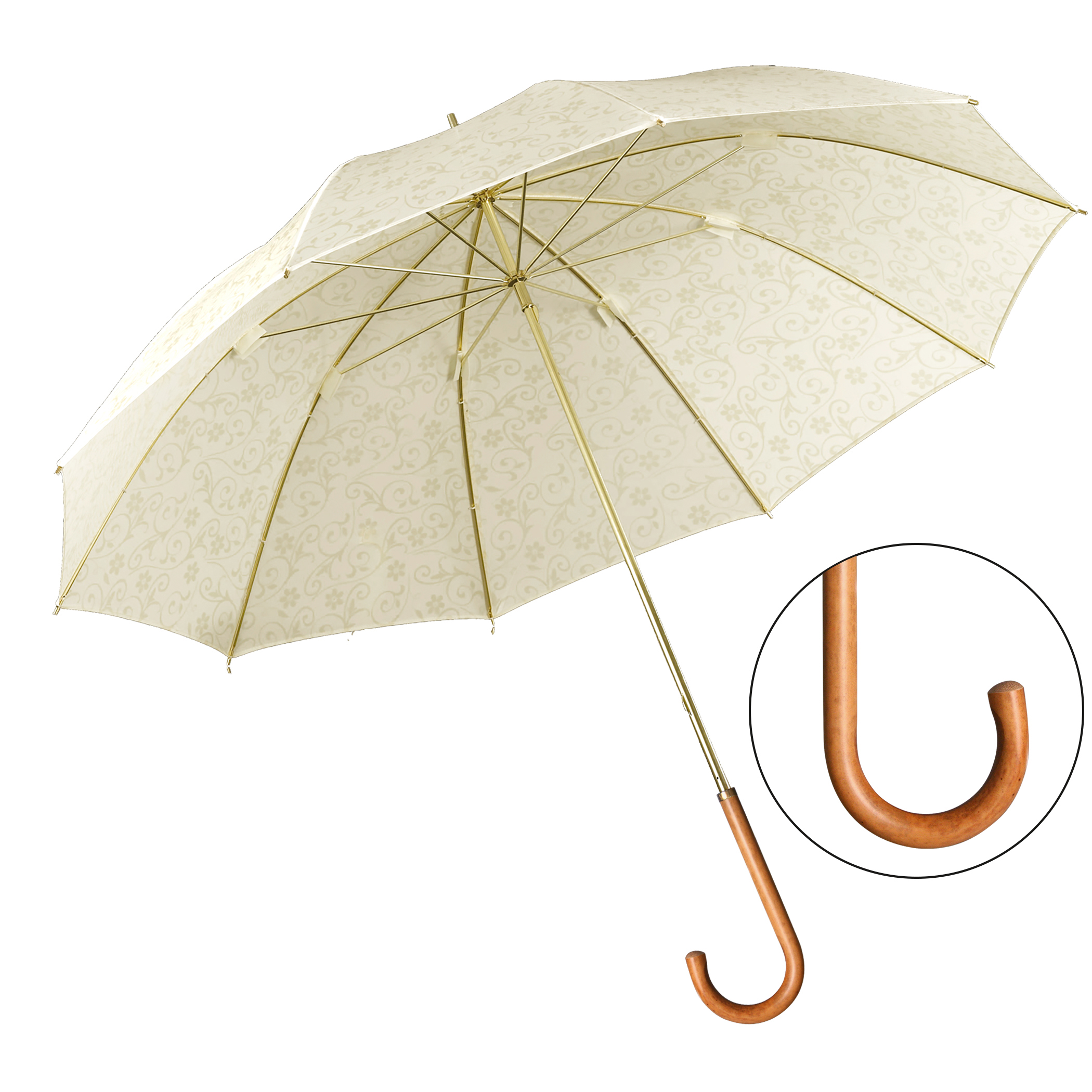 Parapluie de luxe Brillant DM16, Poignée en bois de malacca , polyester noble crème, motif sur l’ensemble