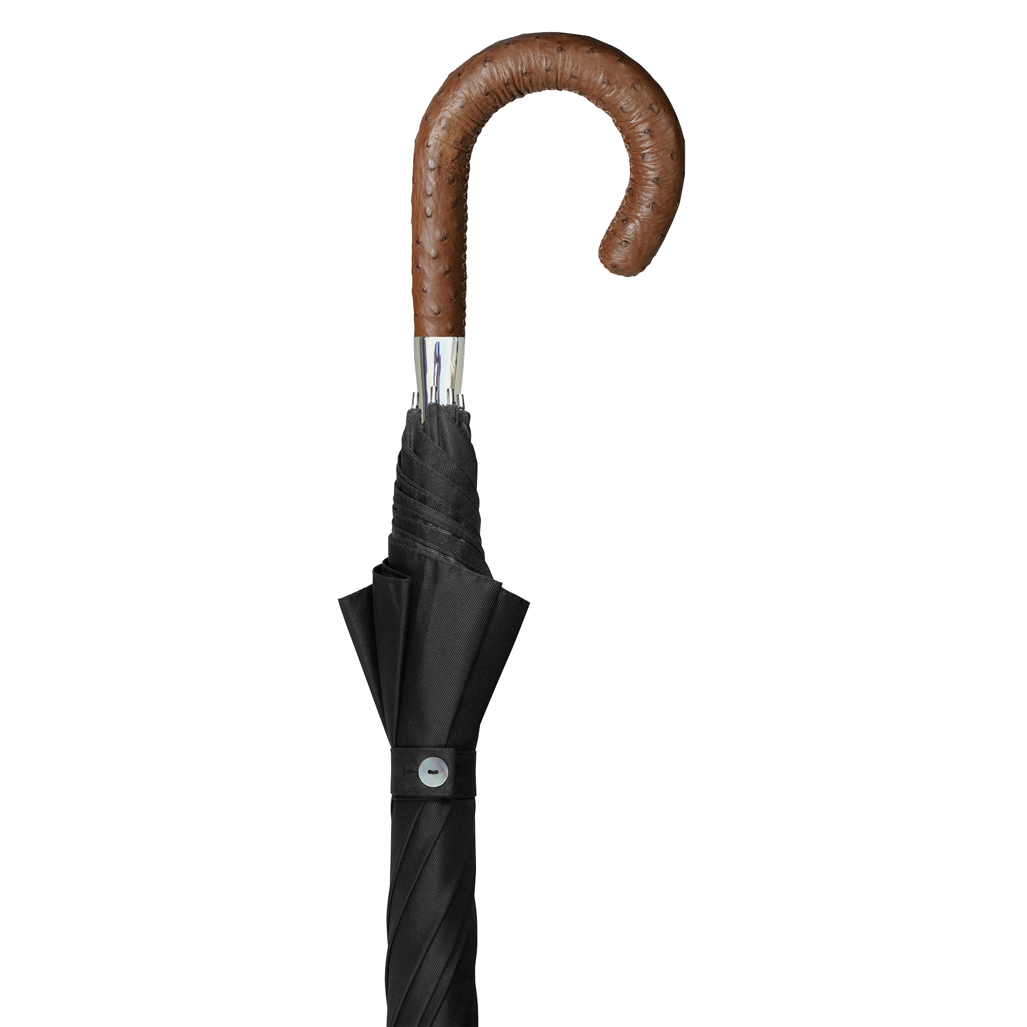 Luxury umbrella Brillant HH55, ostrich leather handle brown, wooden stick made of acacia, silk black