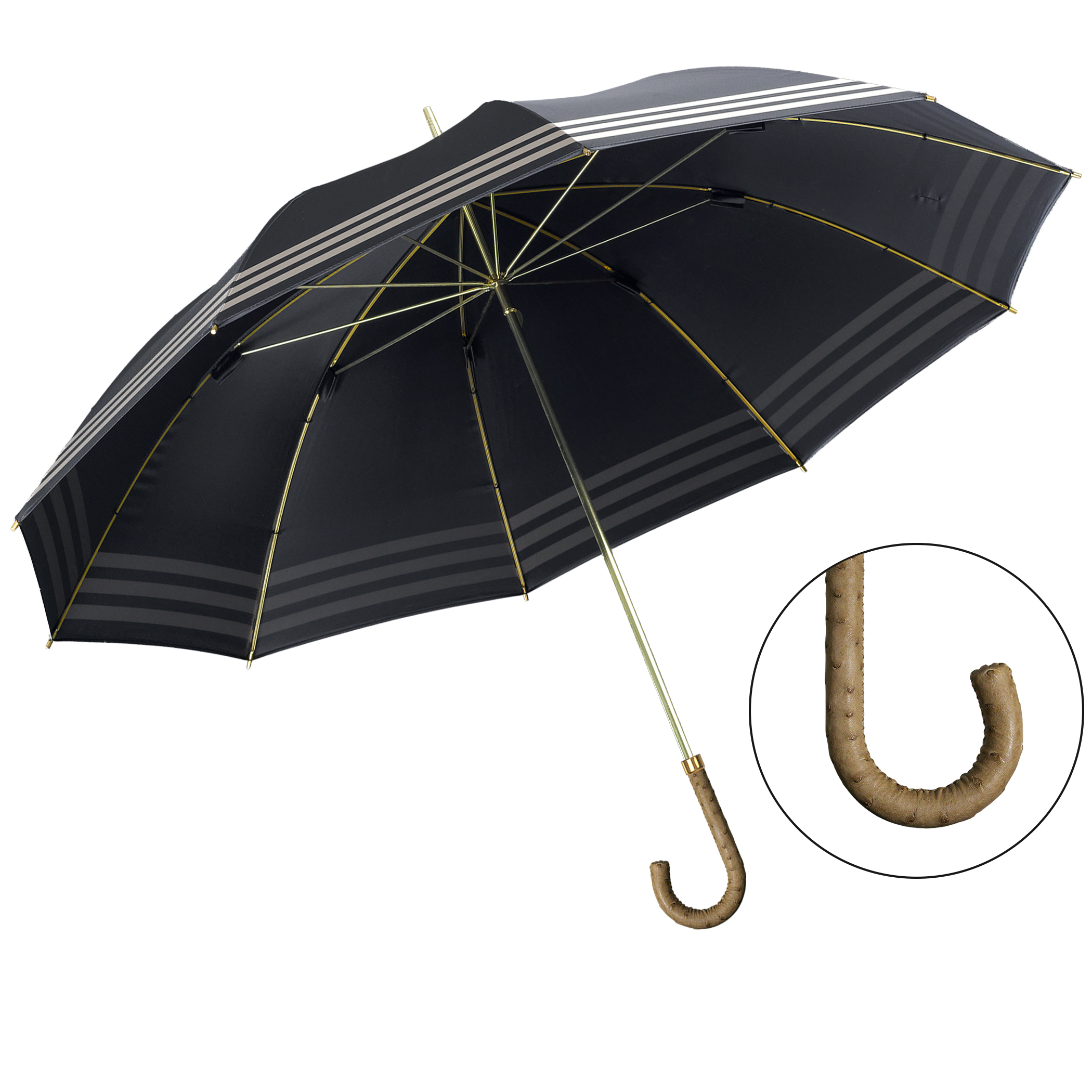 Parapluie de luxe Brillant DM17, poignée en cuir d'autruche beige, polyester noble noir, avec bordure décorative