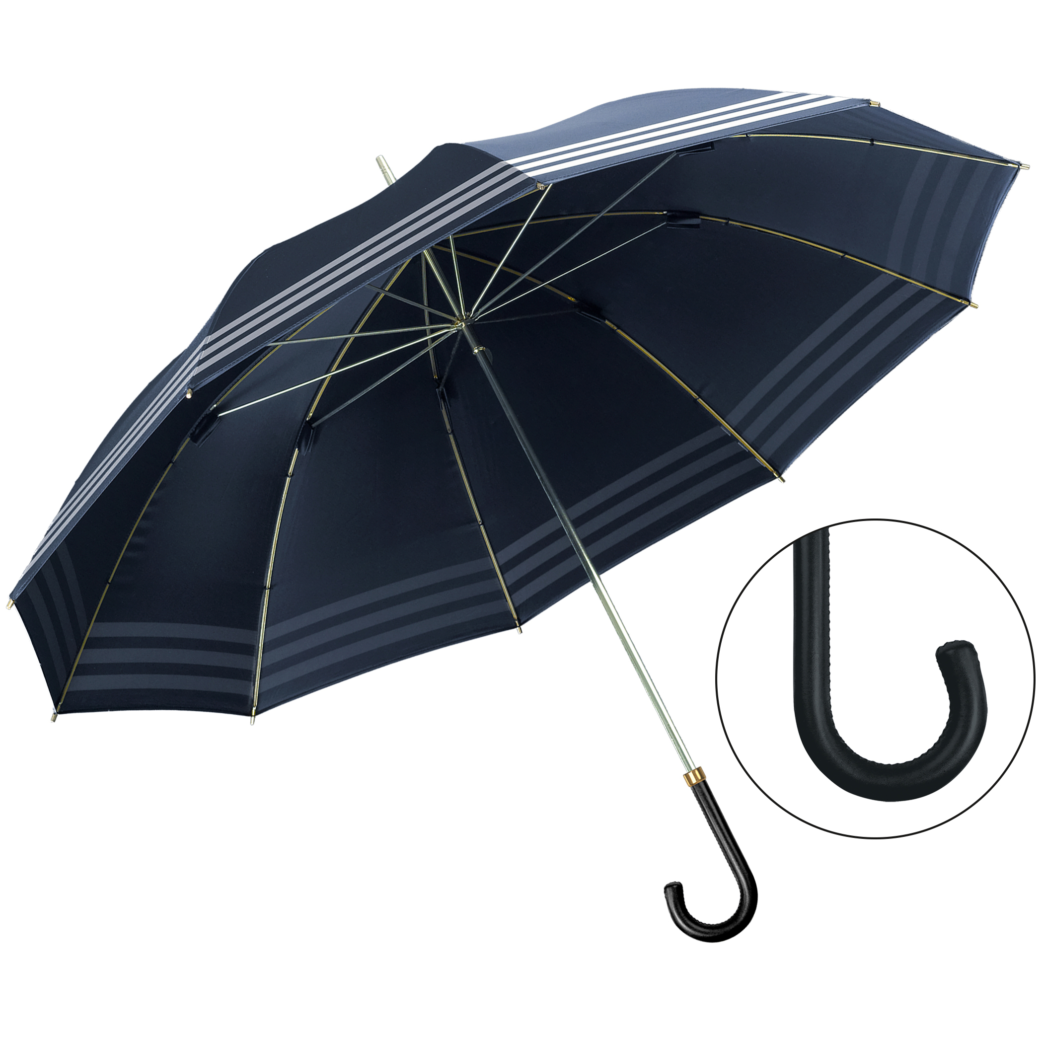 Parapluie de luxe Brillant DM26, poignée en cuir de bœuf bleu marine, polyester noble bleu marine, avec bordure décorative